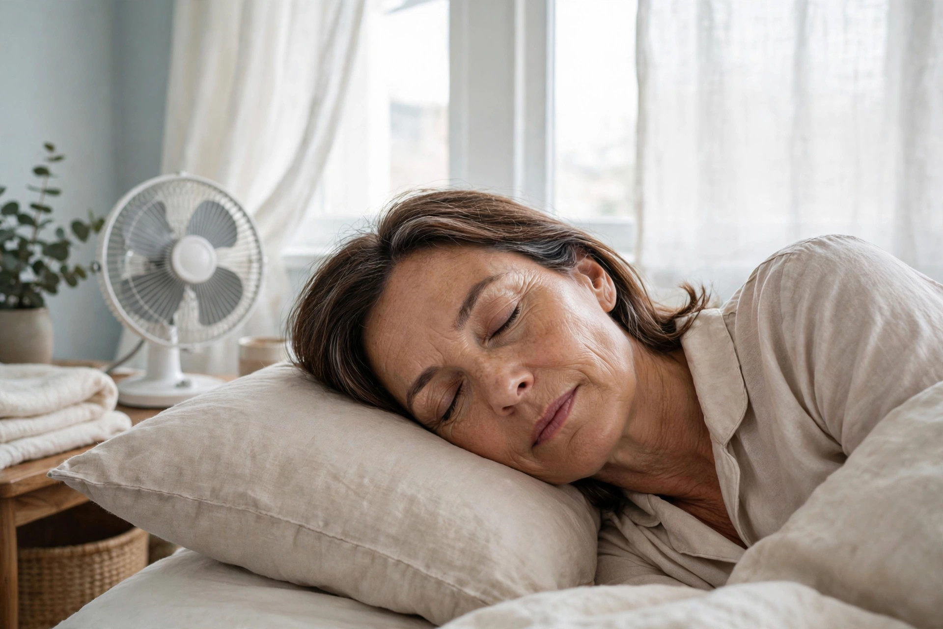 Woman in her 50s sleeping peacefully in a cool bright bedroom
