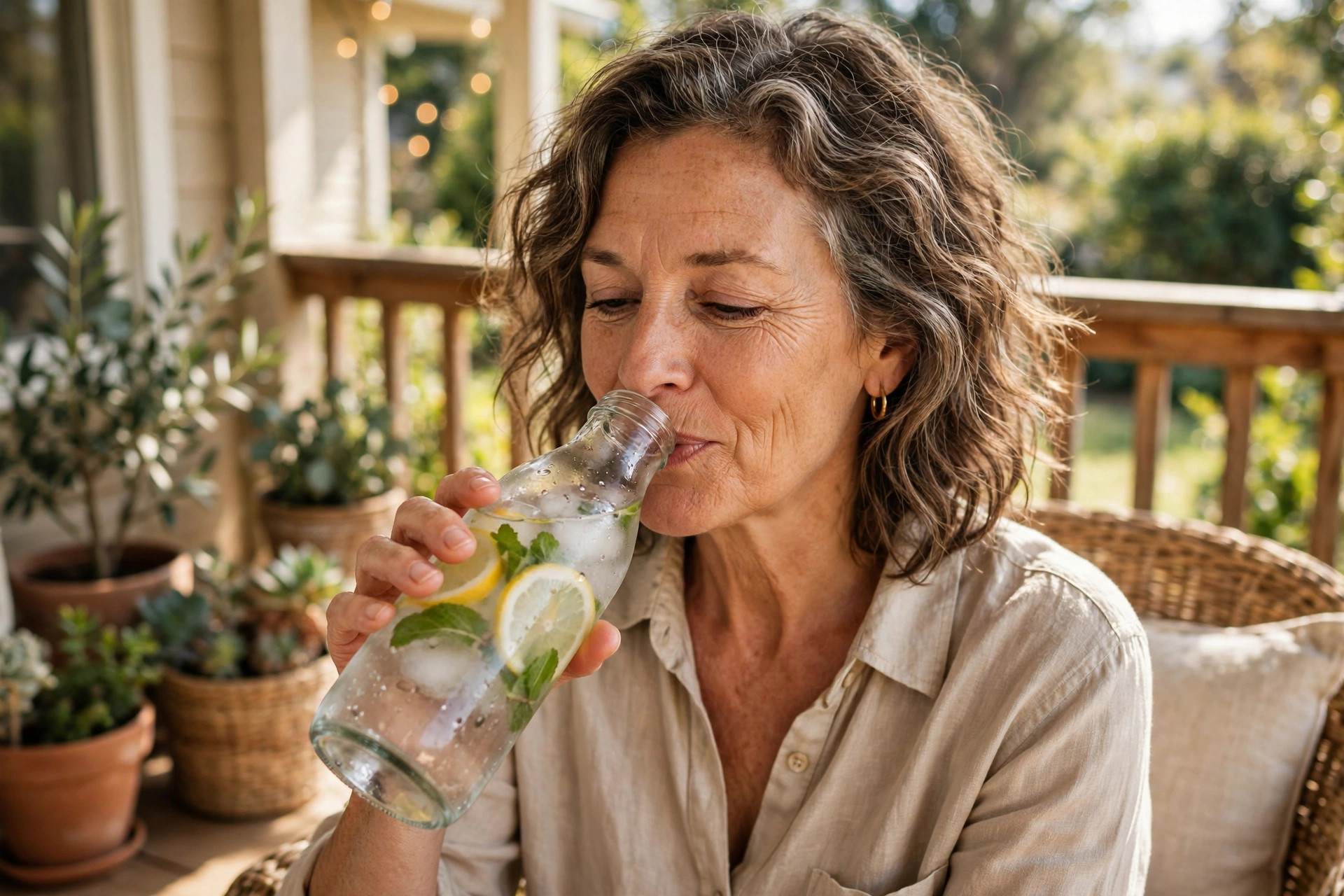 Woman in her 50s drinking ice water on a sunny porch