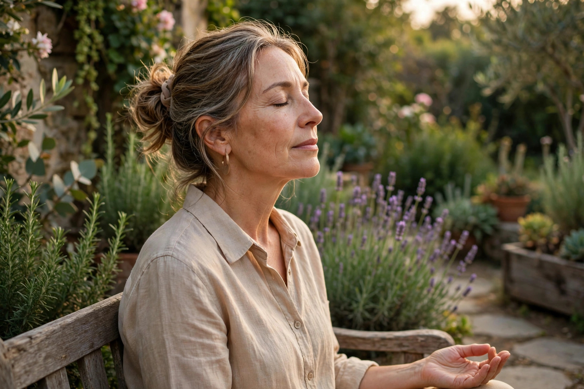 Woman in her 50s practicing calm breathing in a peaceful garden