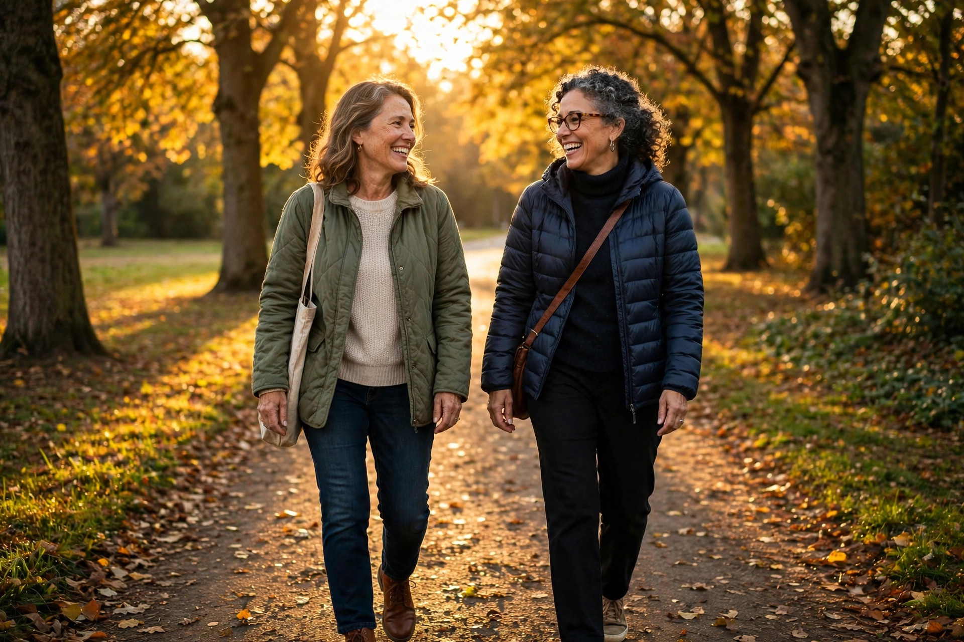 Woman in her 50s walking with a friend on a tree-lined path