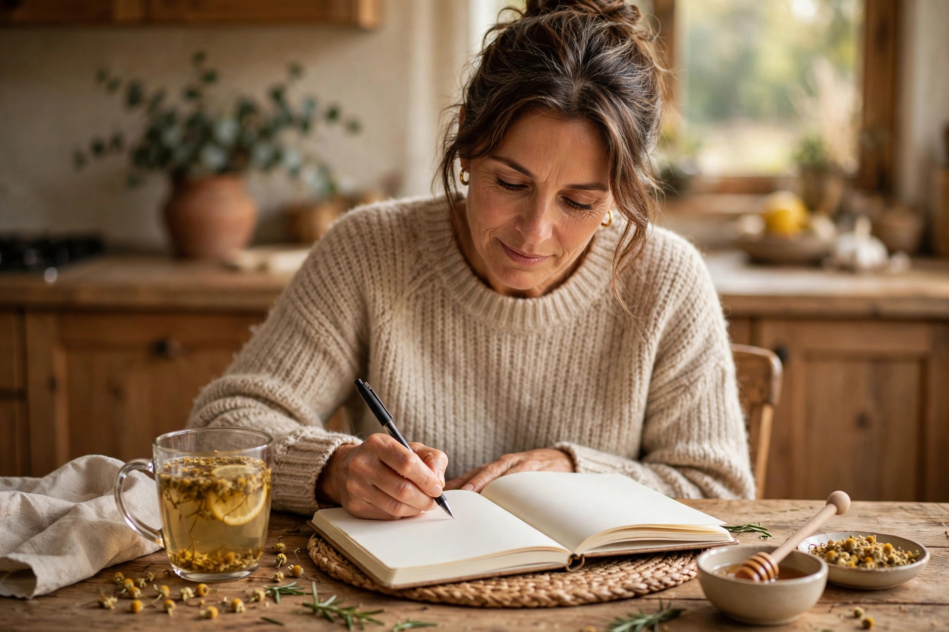 Woman in her 50s writing in a journal at a kitchen table