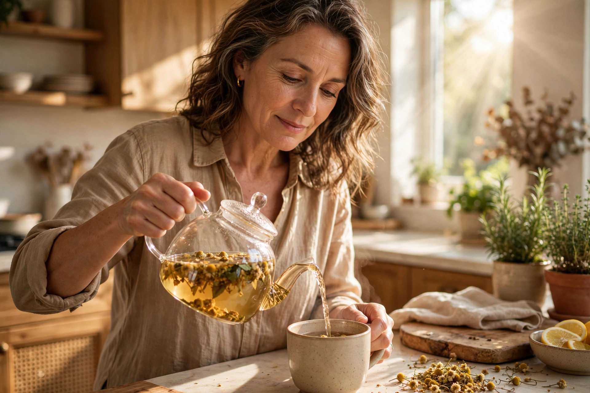 Woman in her 50s pouring herbal tea in a sunny kitchen
