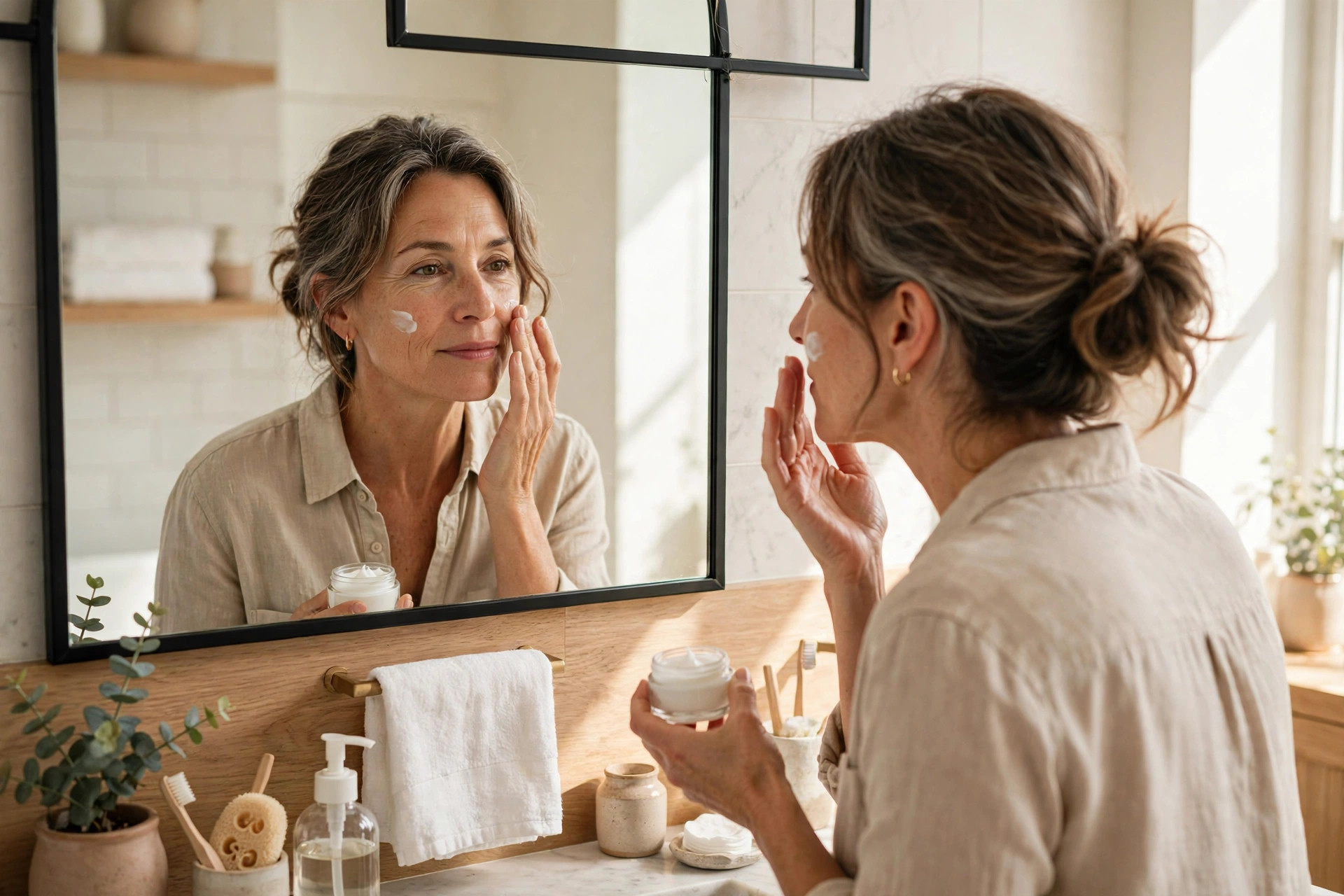 Woman in her 50s applying moisturizer in a bright bathroom
