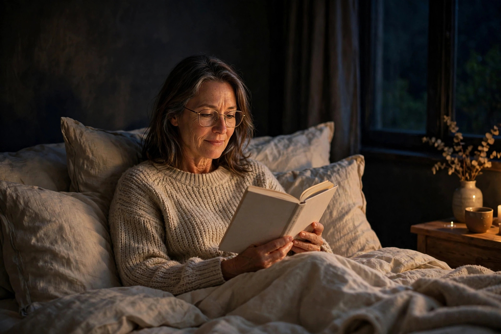 Woman in her 50s reading in bed in a dark calm bedroom