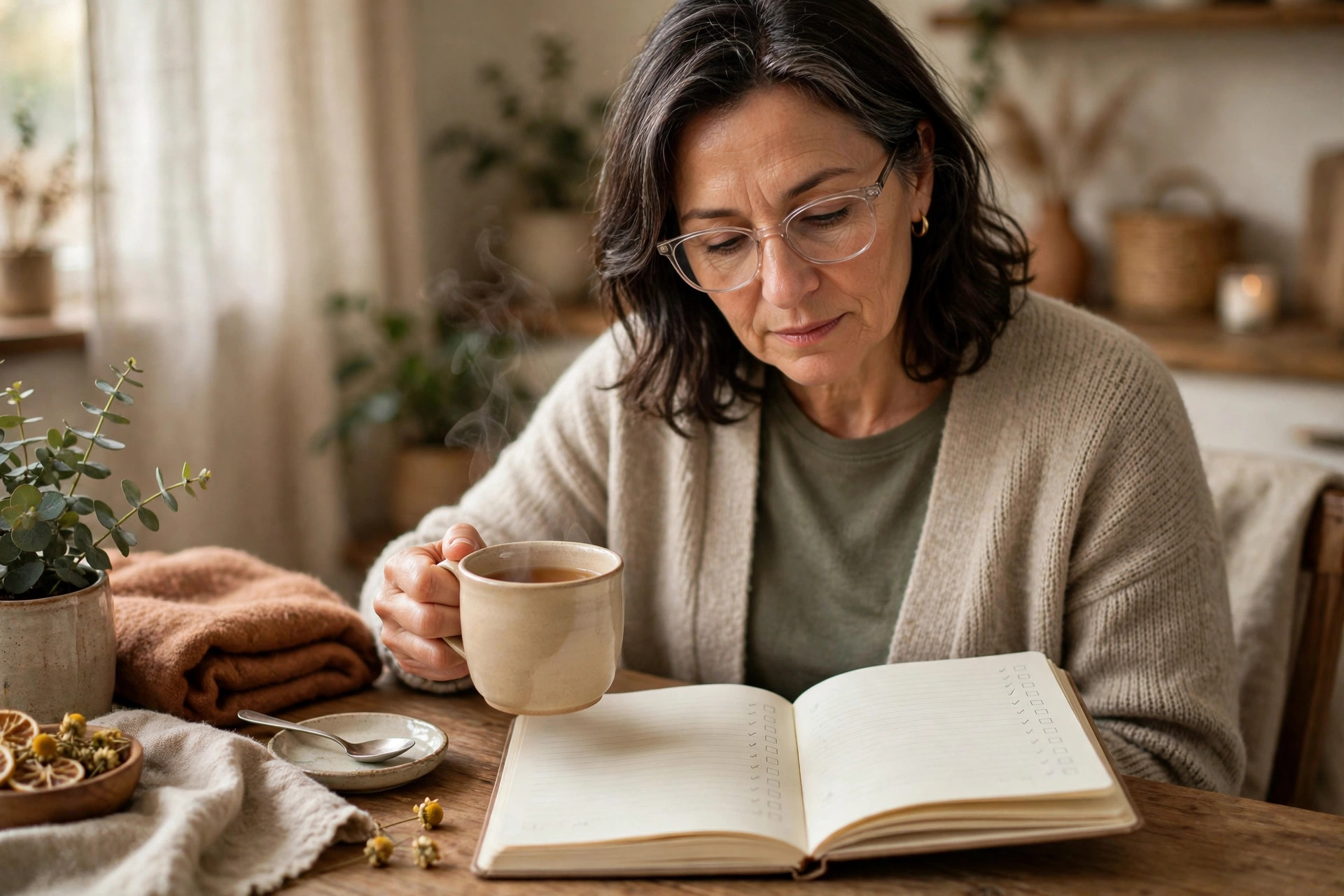 Woman in her 50s reviewing a symptom journal at home