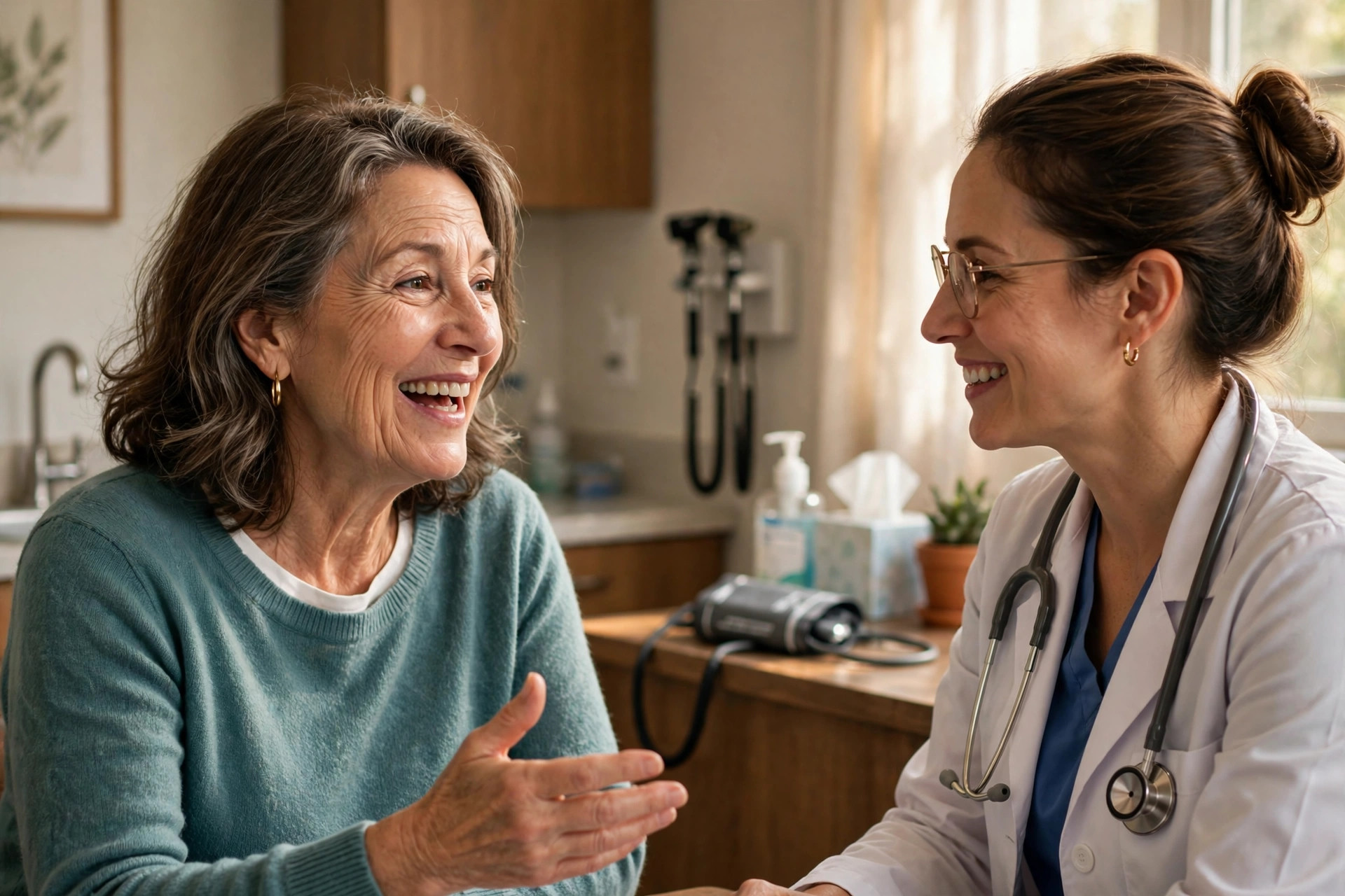 Smiling woman in her 50s talking with her doctor in a clinic