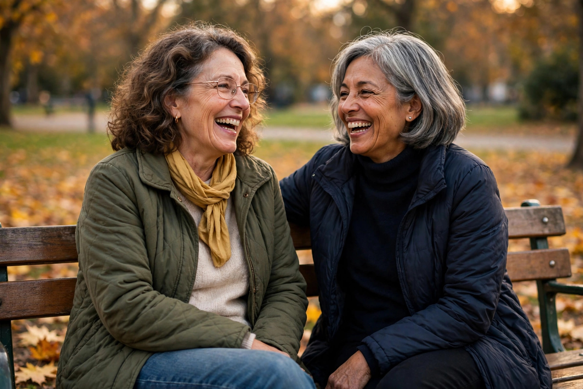 Two women in their 50s chatting and laughing on a park bench