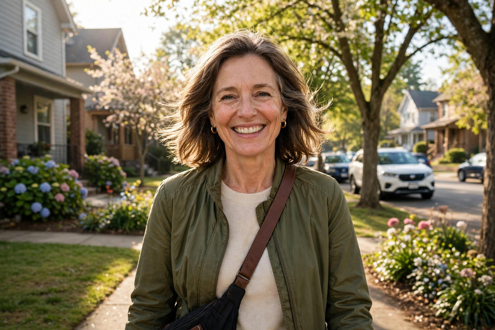Woman in her 50s smiling on a bright morning walk