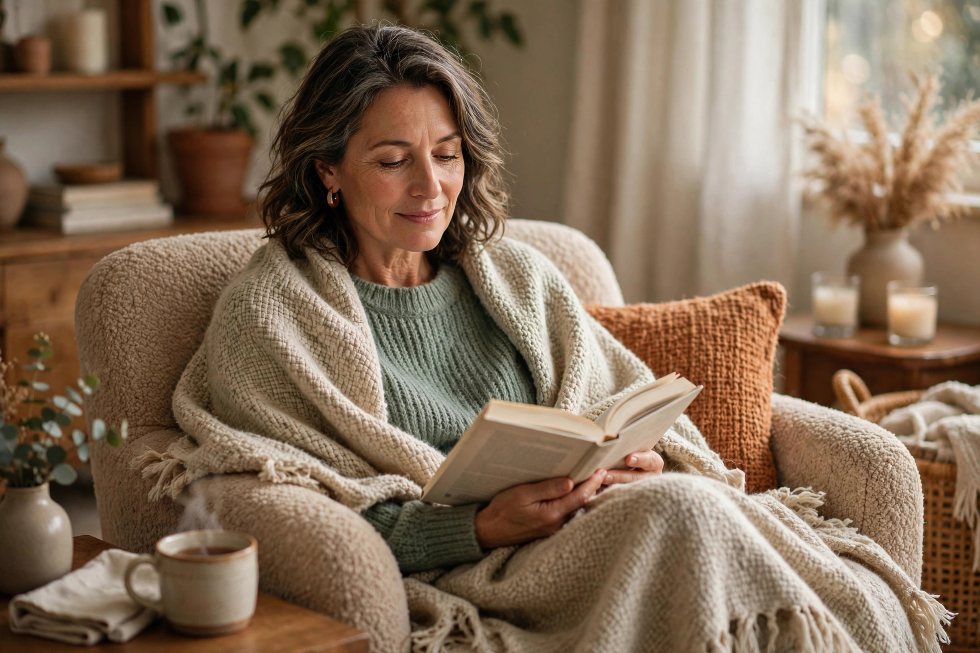 Woman in her 50s relaxing with a book in a cozy armchair