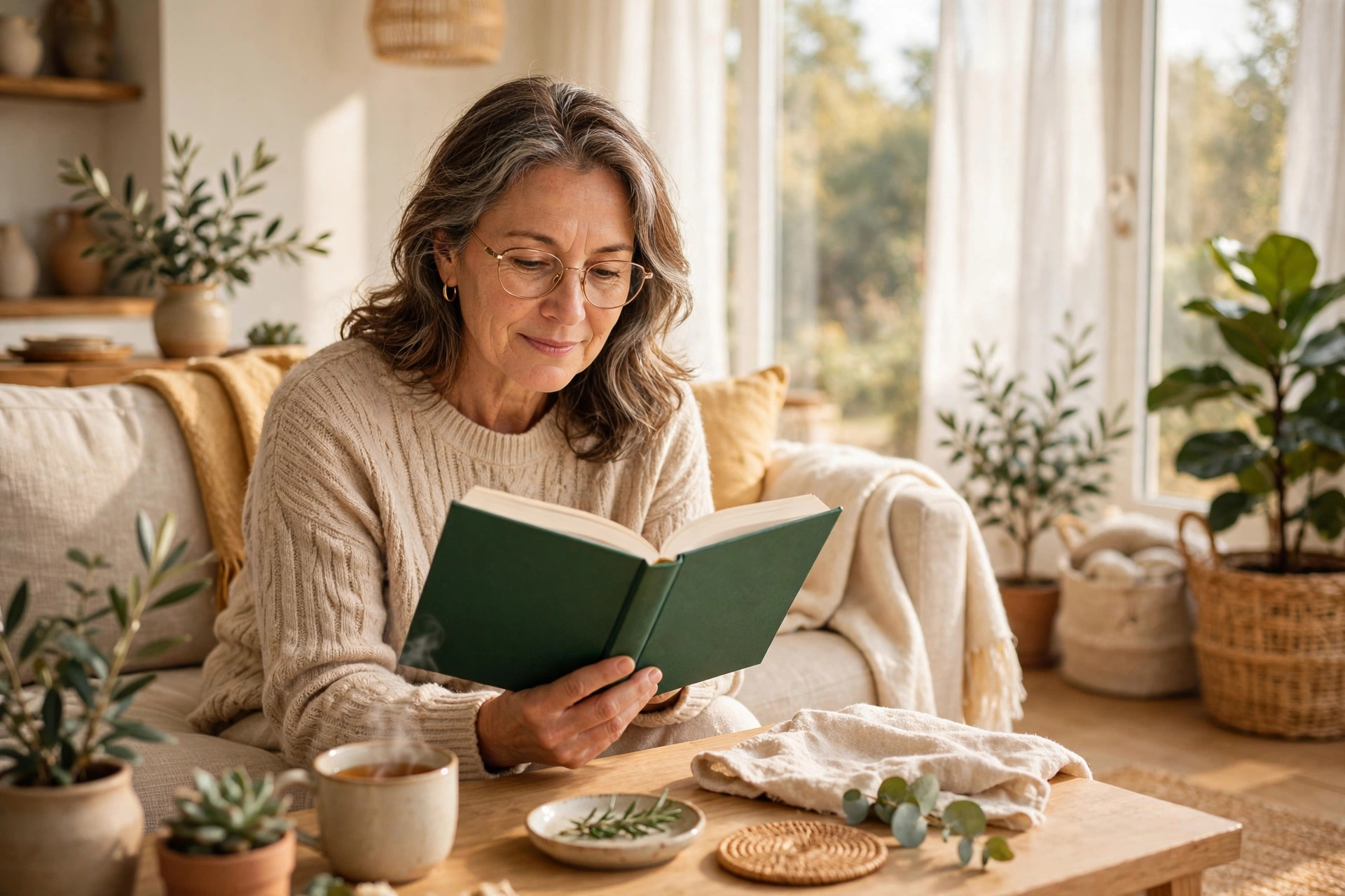 Woman in her 50s reading a health book in a bright living room