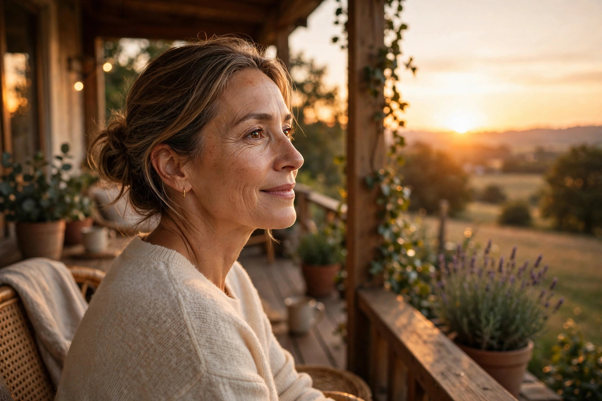 Serene woman in her 50s watching a sunset from a porch