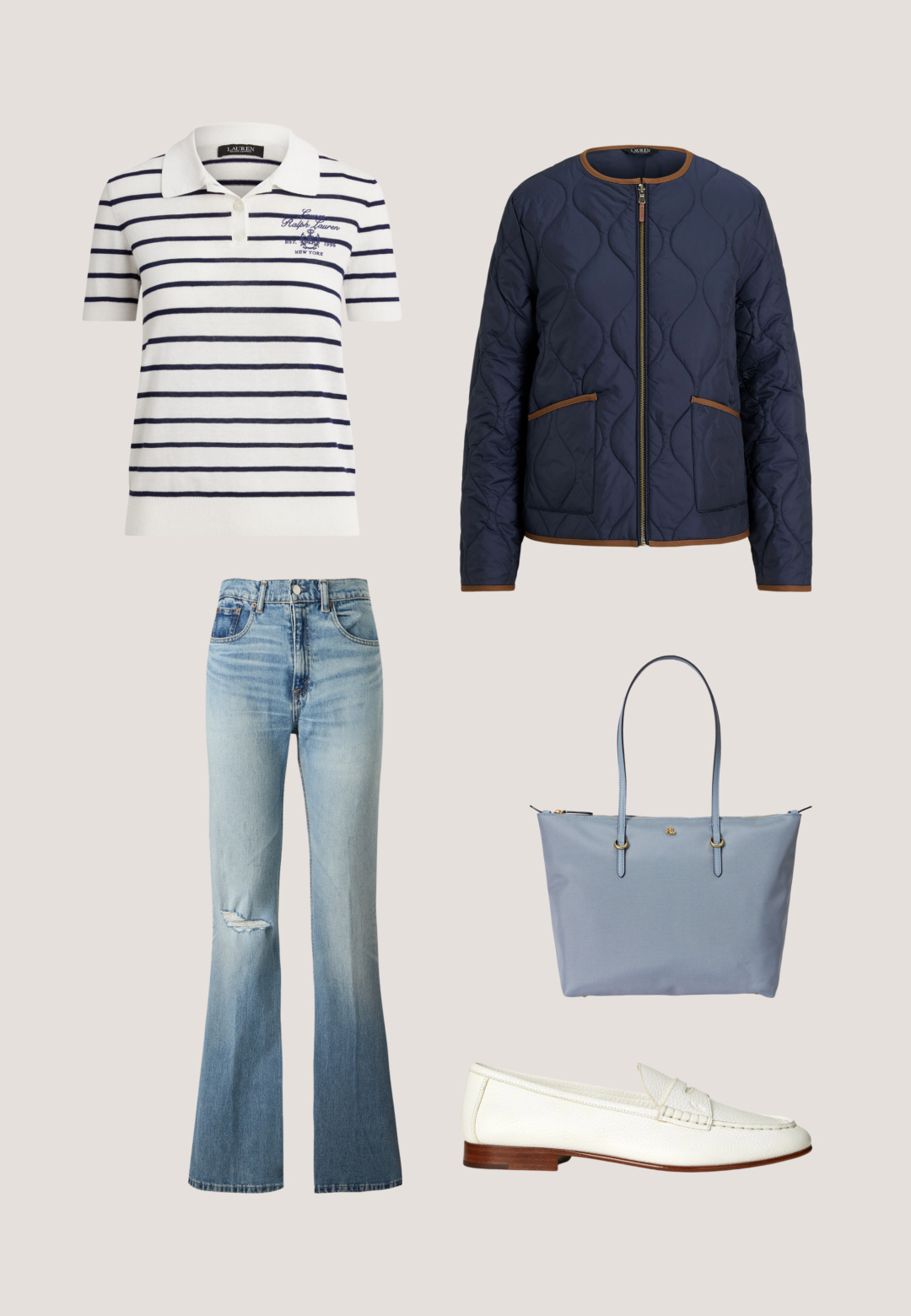 Woman over 50 in navy quilted jacket, striped Breton tee and white jeans