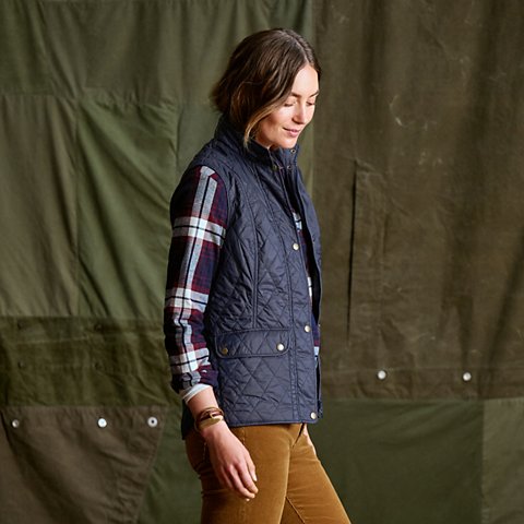 Navy quilted vest with red plaid flannel shirt, corduroy trousers and brown boots for fall