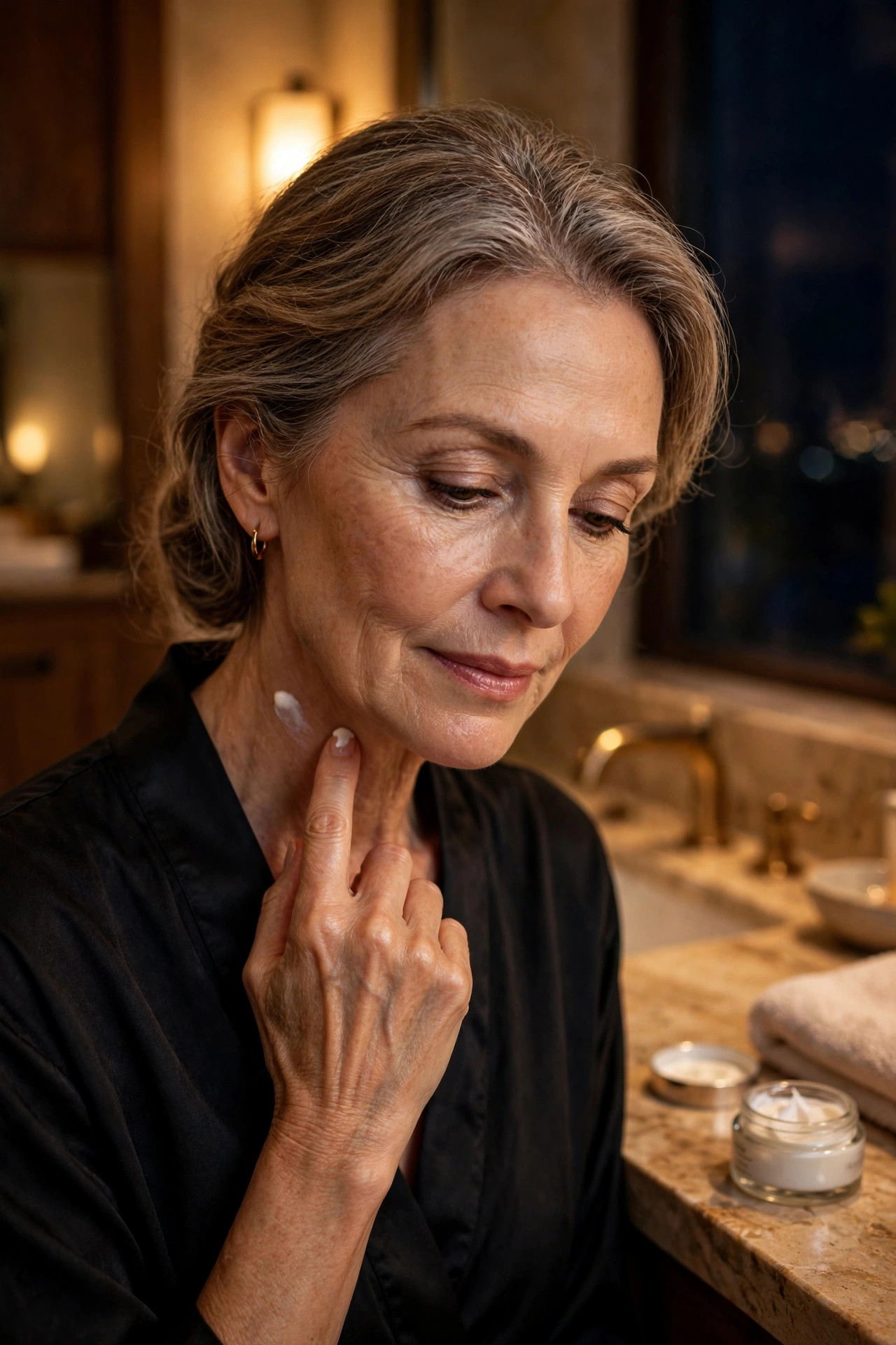 A woman in her 50s dotting a small amount of cream onto her neck at night