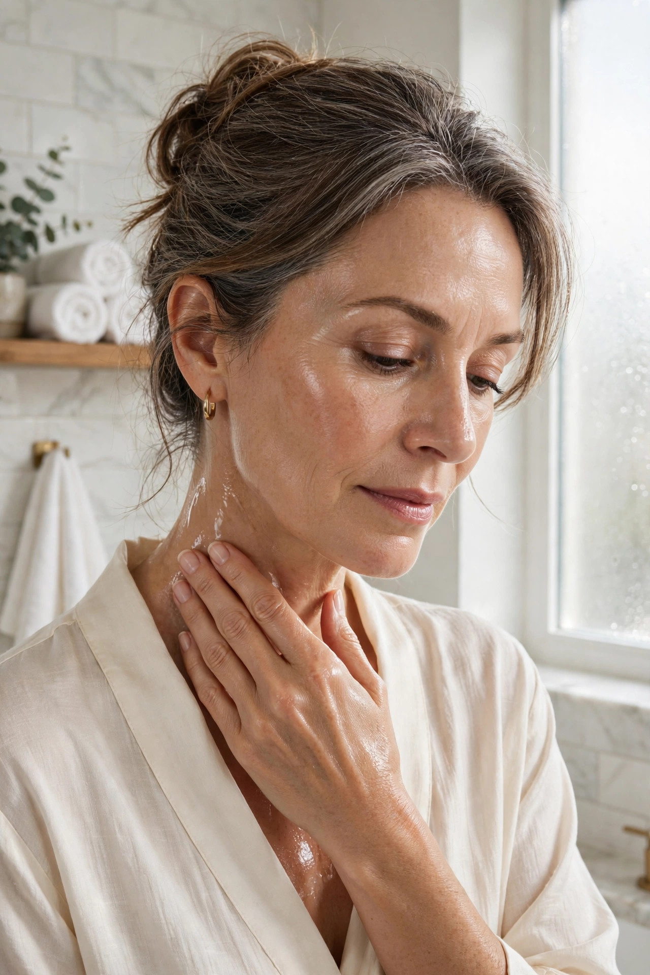 A woman in her 50s smoothing hydrating serum onto her neck