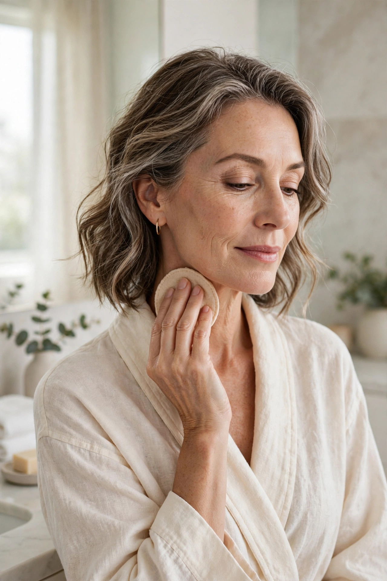 A woman in her 50s gently wiping her neck with a soft exfoliating pad