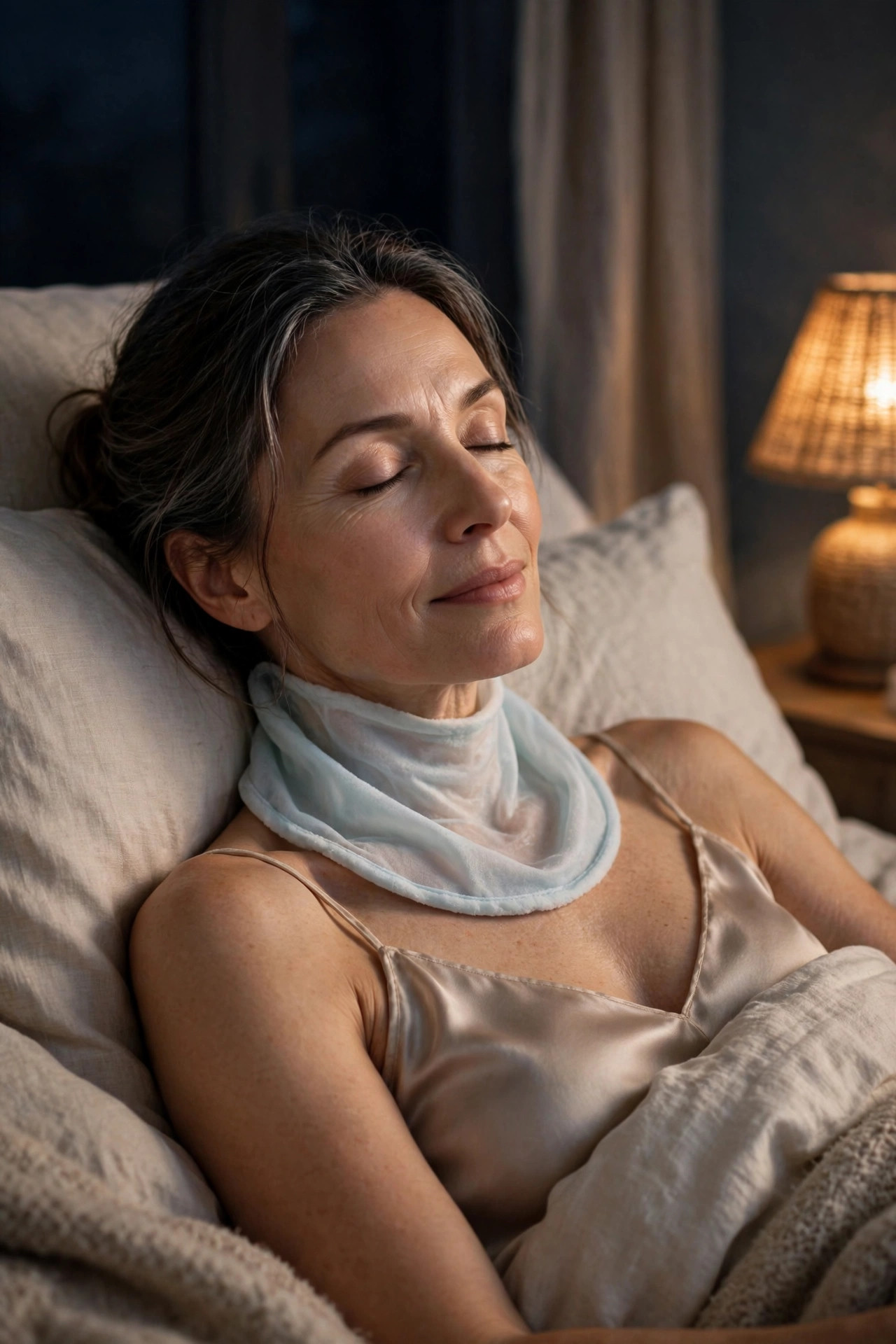 A woman in her 50s relaxing in bed with a soft hydrating wrap around her neck