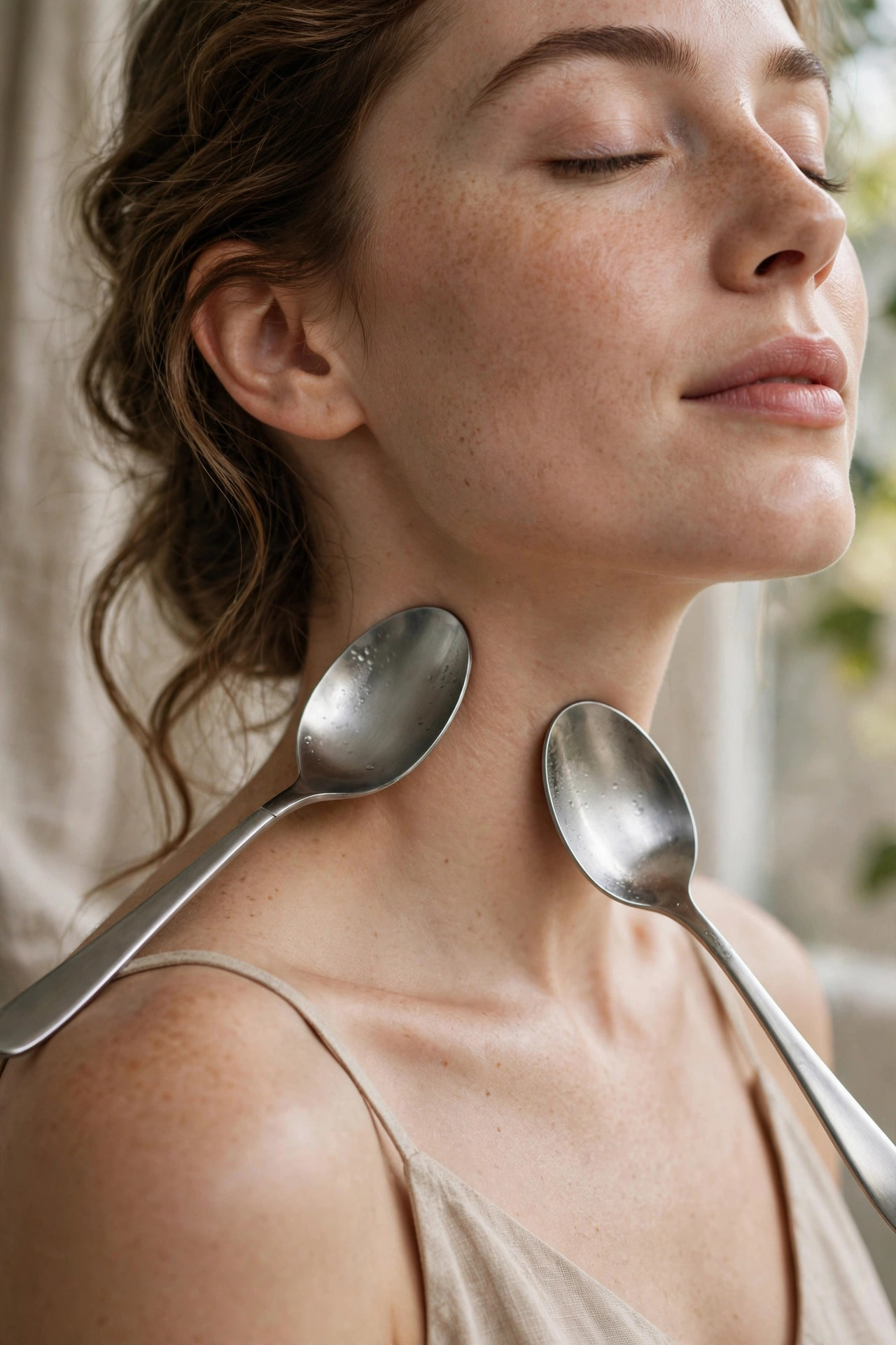 Close-up of two cool metal spoons resting against a woman's neck