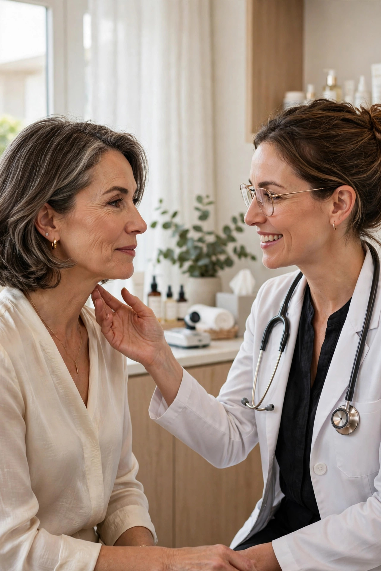 A woman in her 50s talking with a friendly dermatologist in a bright clinic