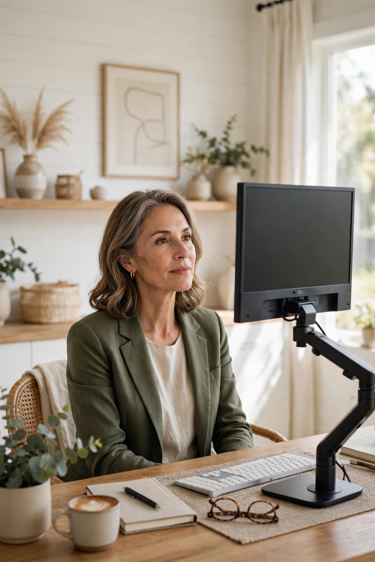 A woman in her 50s at a desk with computer screen raised to eye level