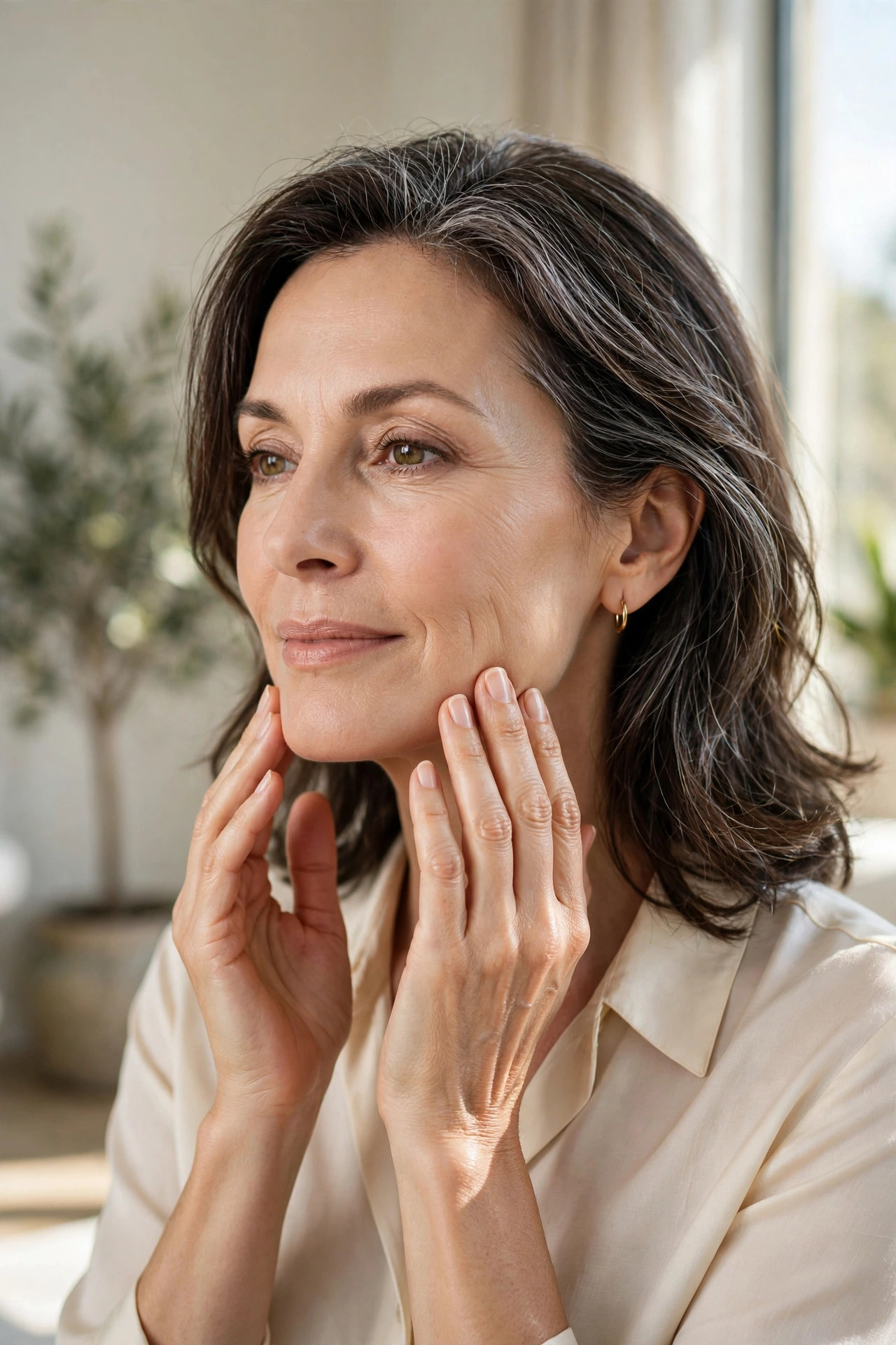 A woman in her 50s massaging her jawline with fingertips