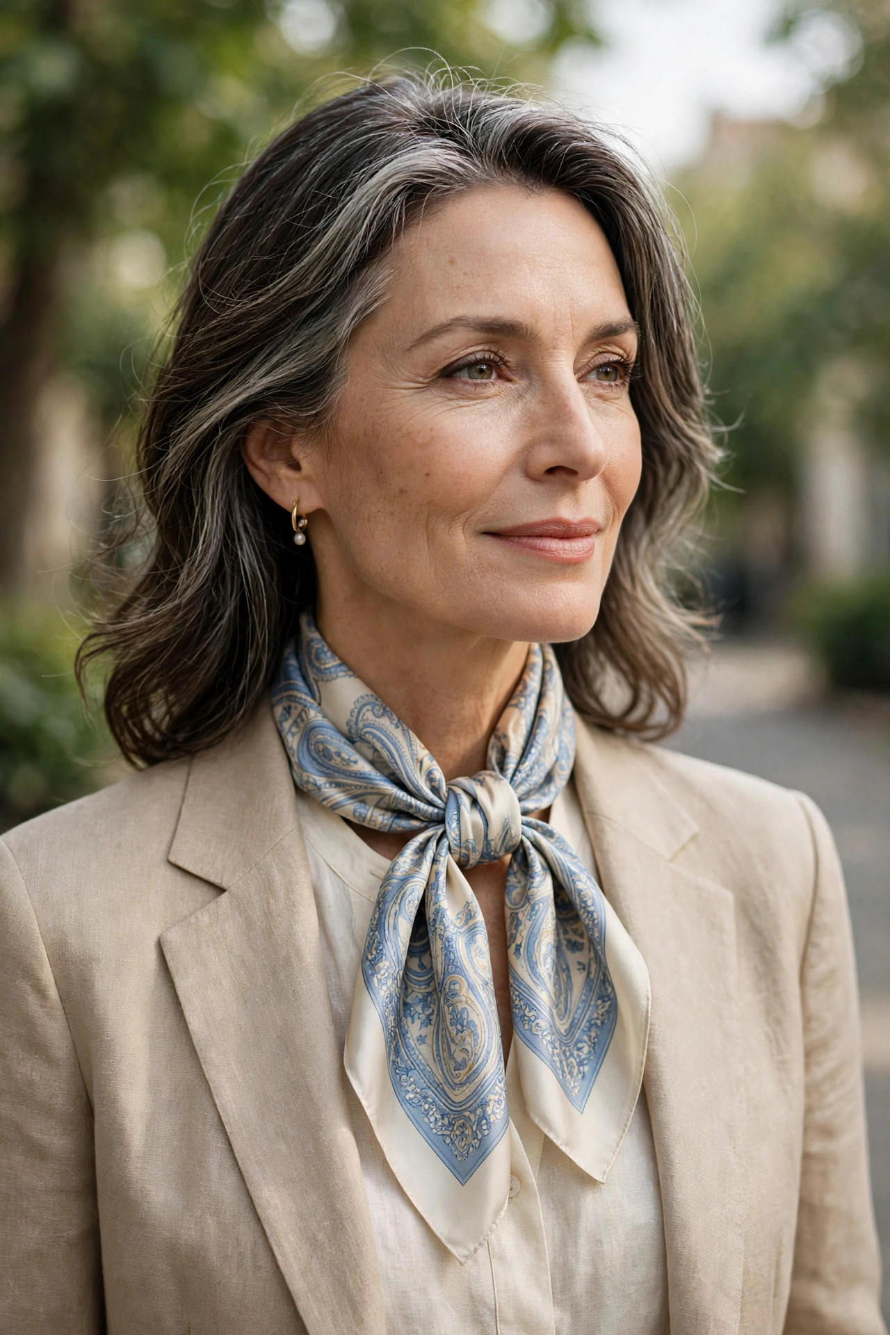 Elegant woman in her 50s wearing a silk scarf around her neck