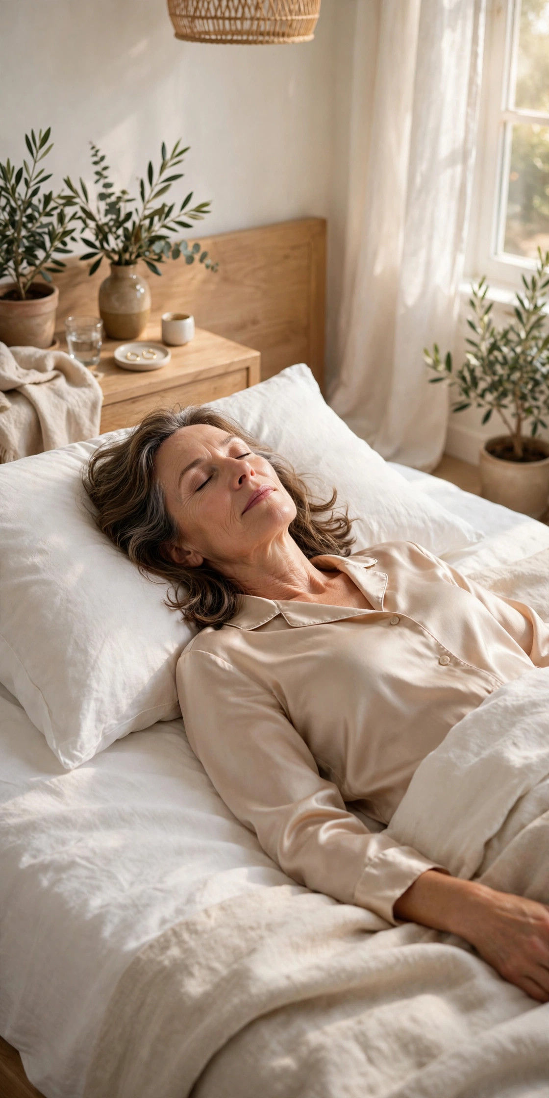 A woman in her 50s sleeping peacefully on her back