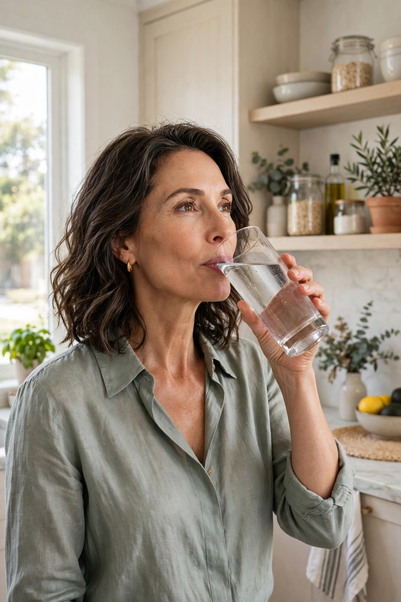 A woman in her 50s drinking a tall glass of water