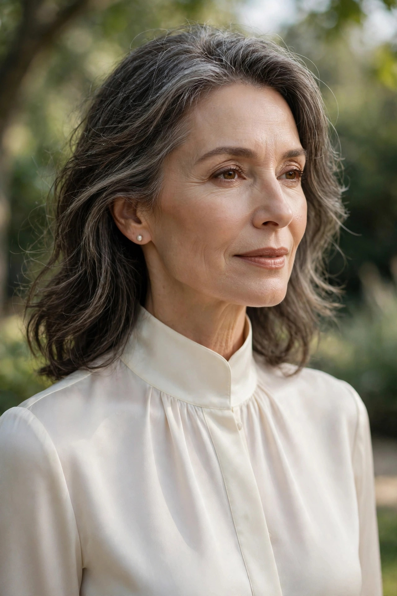Elegant woman in her 50s wearing a chic high-collar blouse