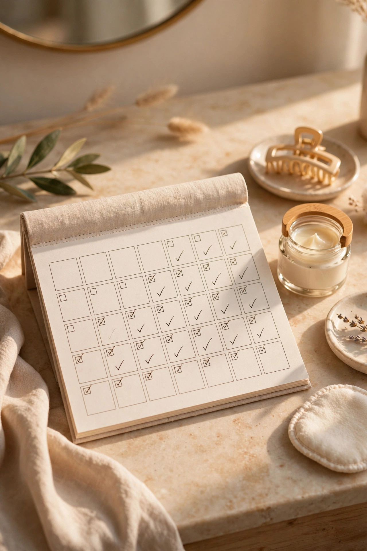 Elegant calendar on a vanity with daily skincare checkmarks