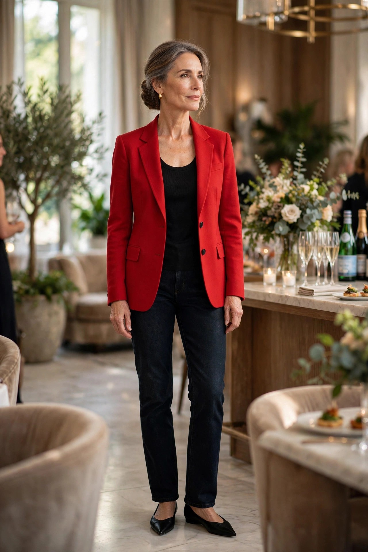 Elegant woman in her 50s in a red tailored blazer, black top and dark jeans at a cocktail reception