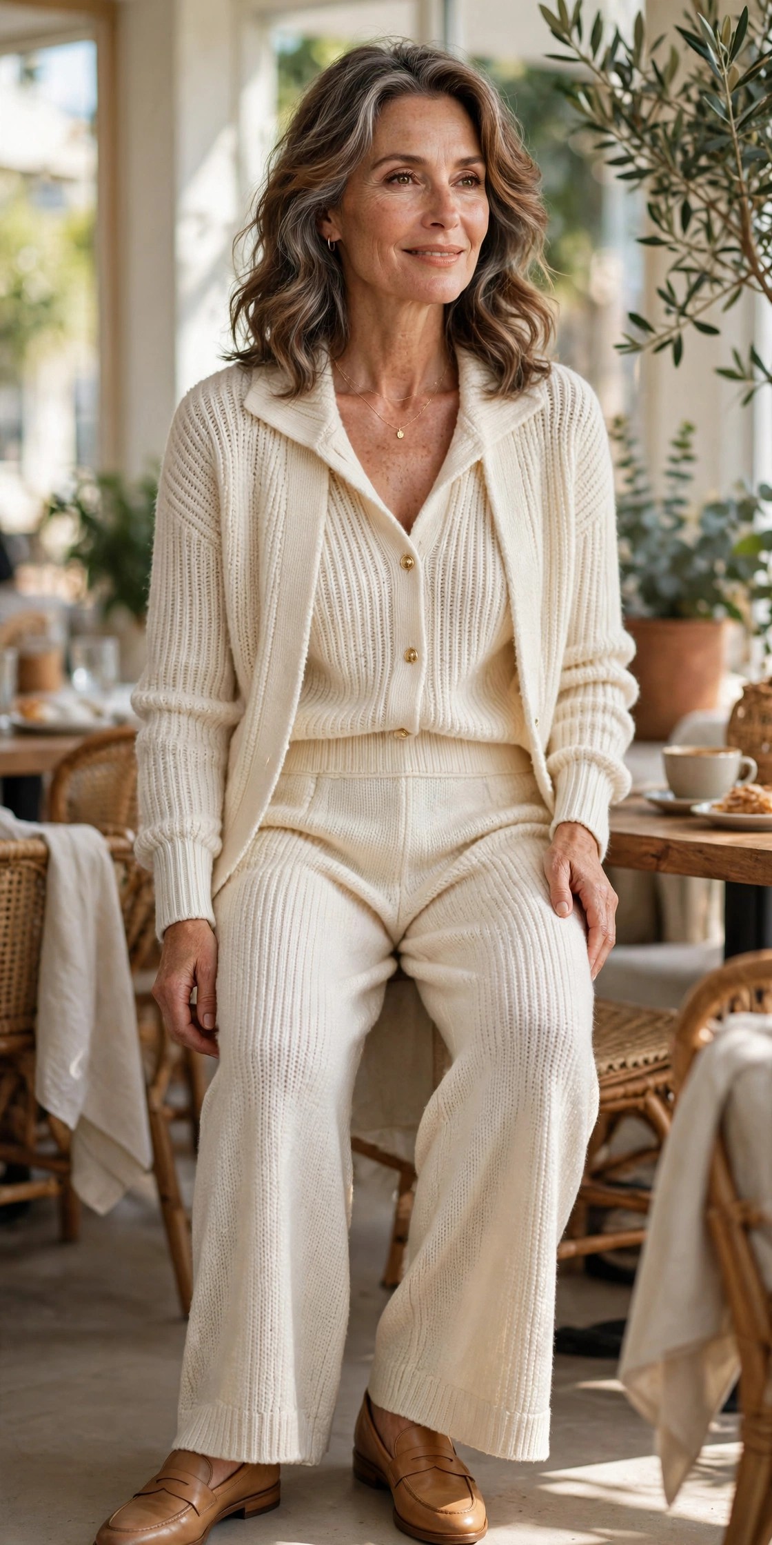 Elegant woman in her 50s in a cream knit co-ord set with tan loafers at a daytime meetup