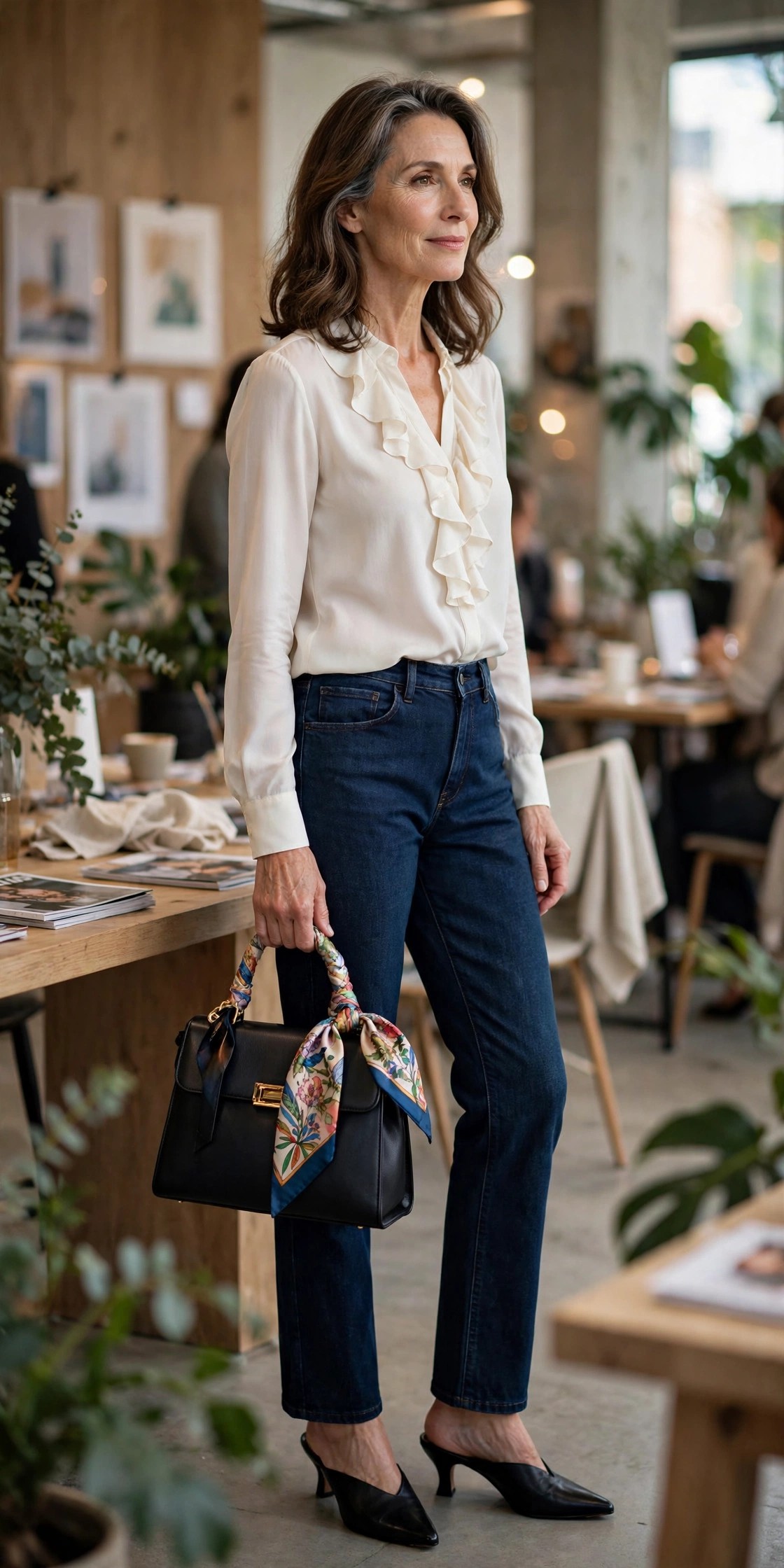 Mature woman in an ivory ruffle blouse and dark jeans with a scarf-tied handbag