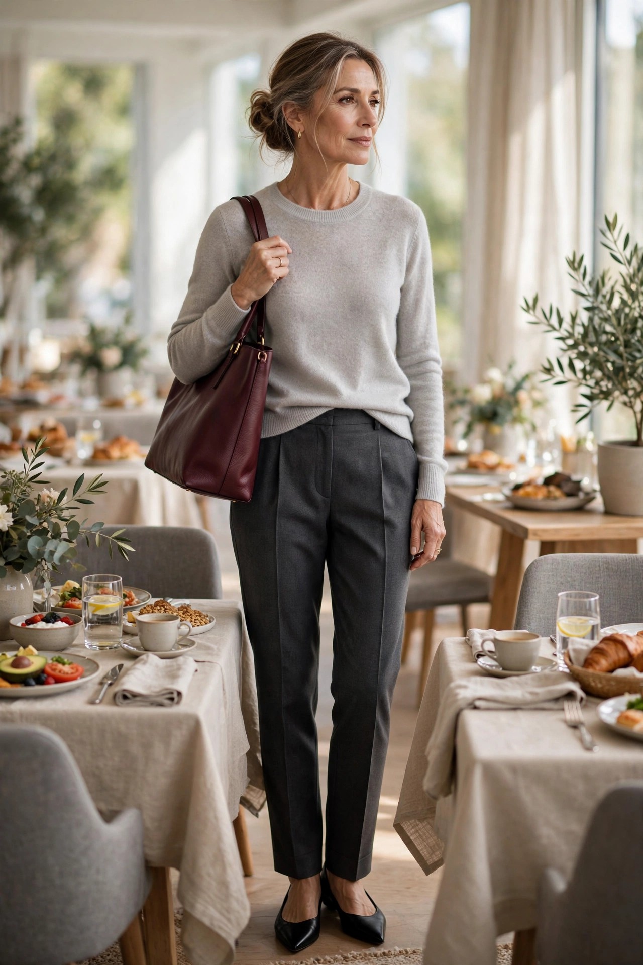 Woman over 50 in a light grey cashmere sweater and charcoal trousers with a burgundy tote