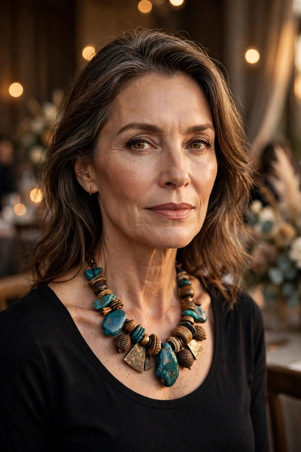 Close-up portrait of a woman in her 50s in a black top with a bold artisan statement necklace