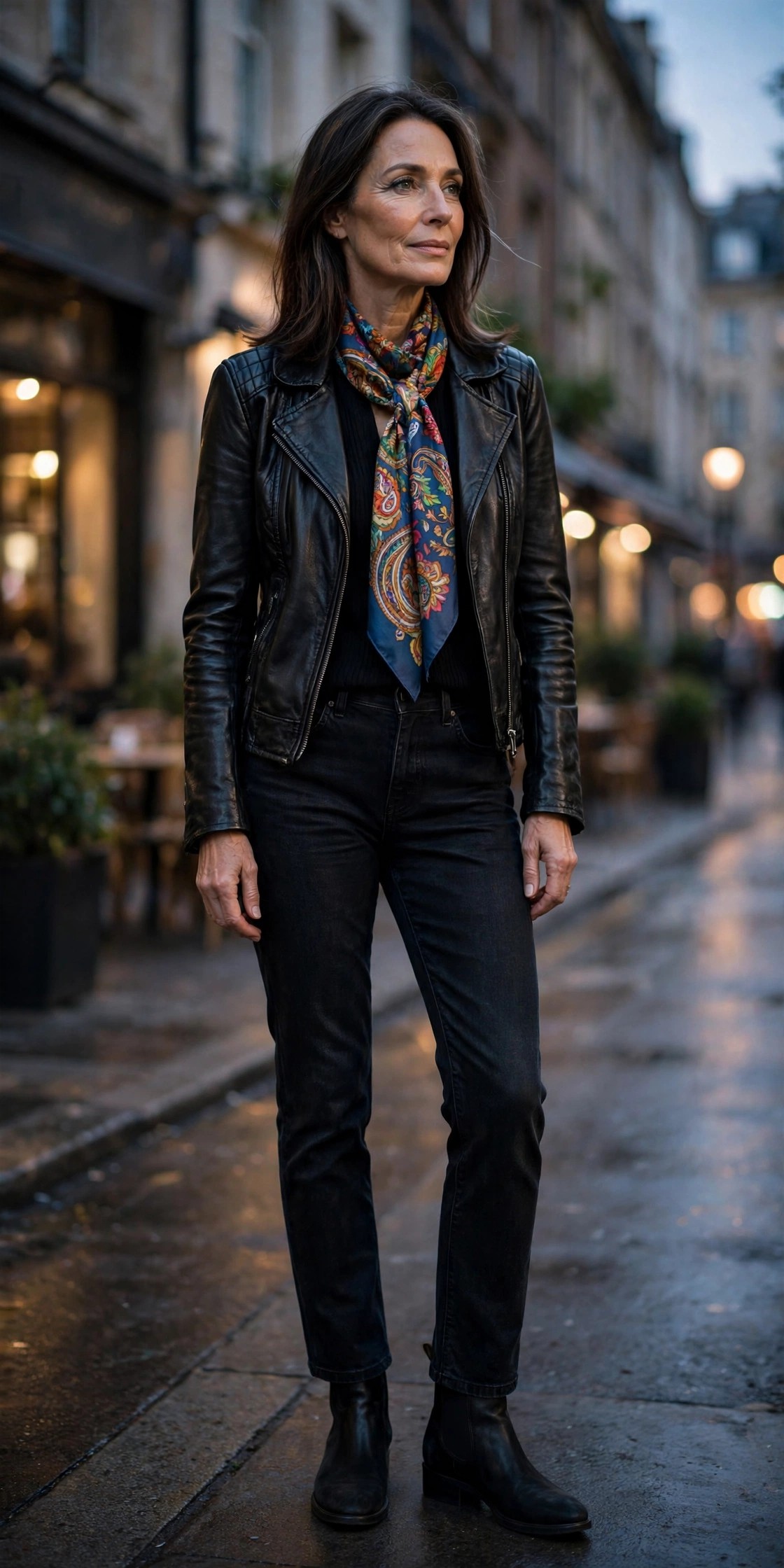 Stylish woman in her 50s in a black leather jacket with a printed silk scarf and dark jeans