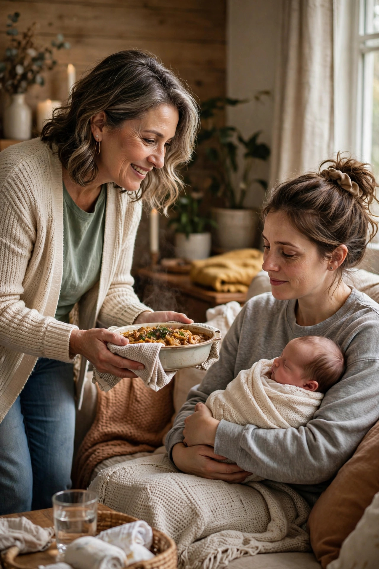 New grandmother bringing a home-cooked meal to her daughter holding a newborn baby
