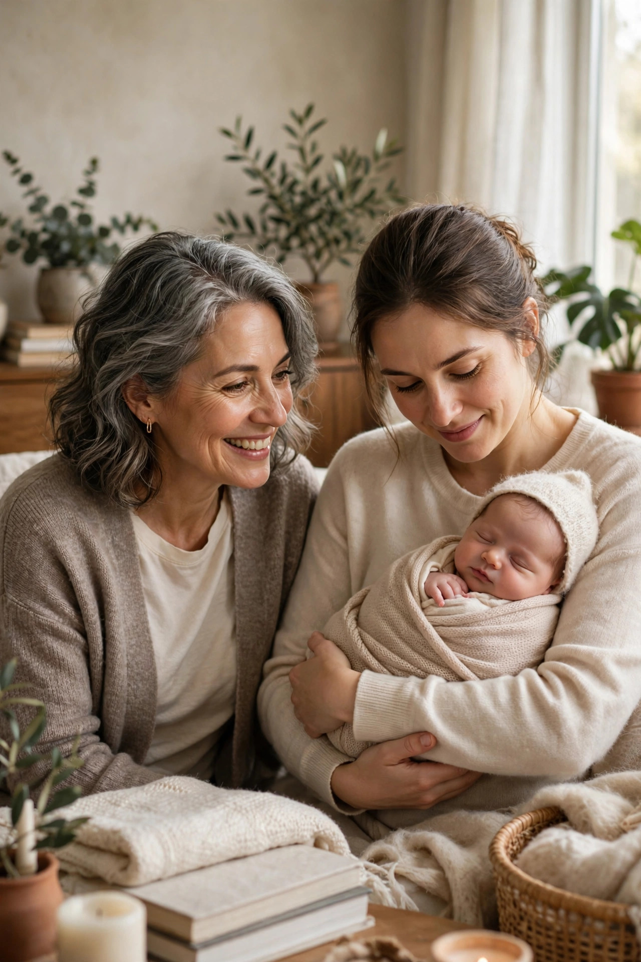 Grandmother smiling proudly as her daughter cradles a newborn baby at home