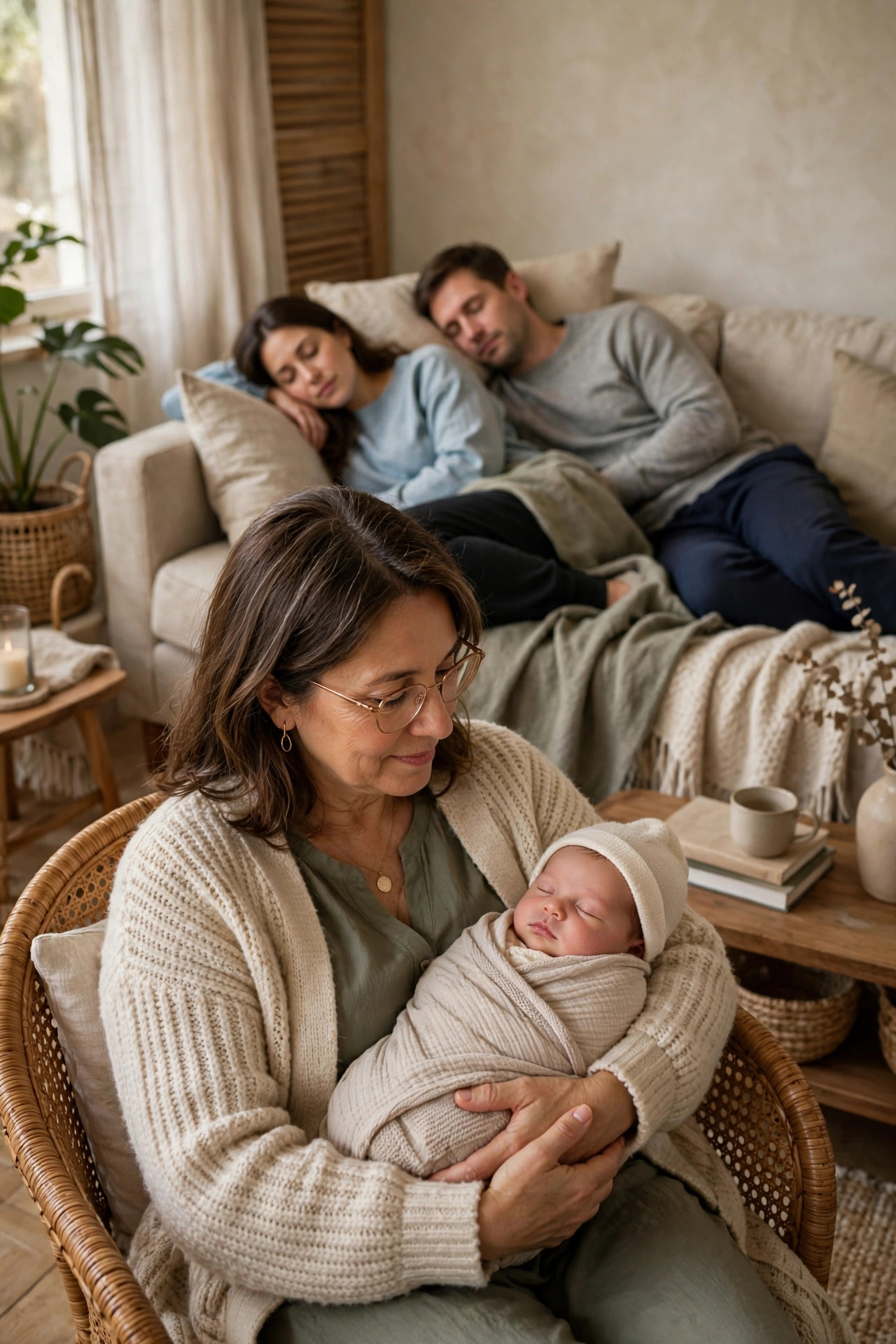 Grandmother rocking a sleeping newborn while parents nap on the couch