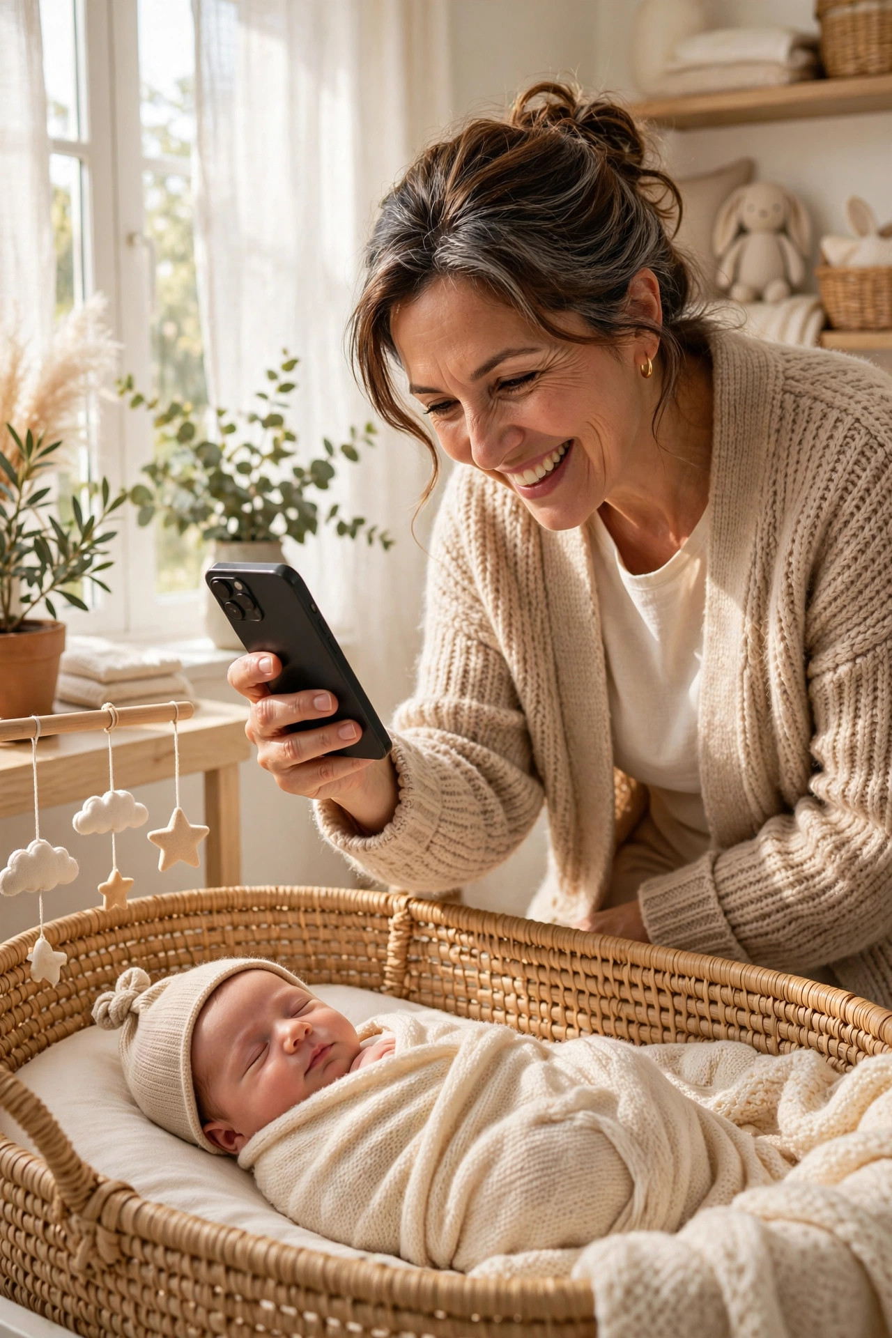 Grandmother taking a photo of a sleeping newborn baby in a nursery