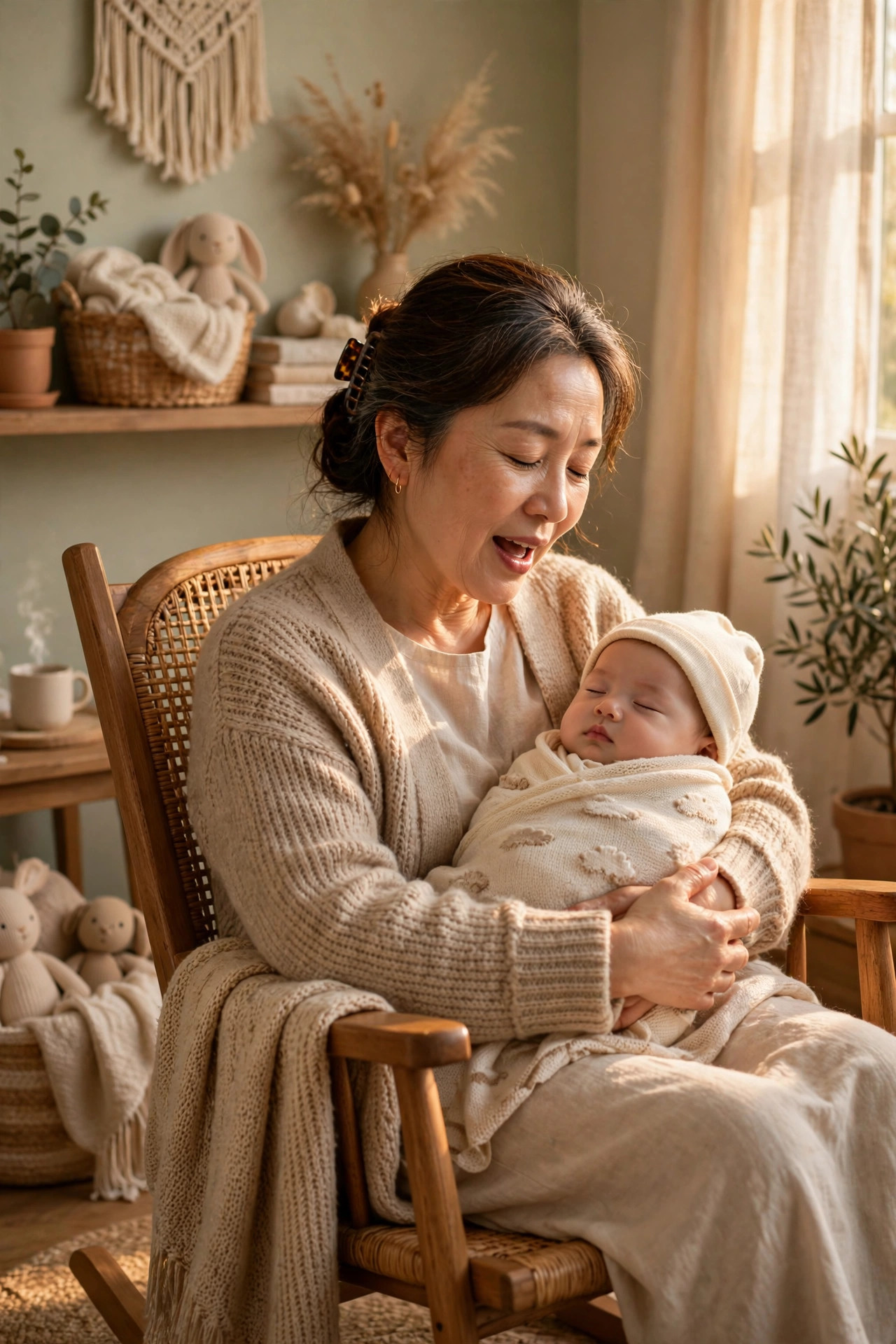 Grandmother singing a lullaby while holding a baby in a cozy nursery