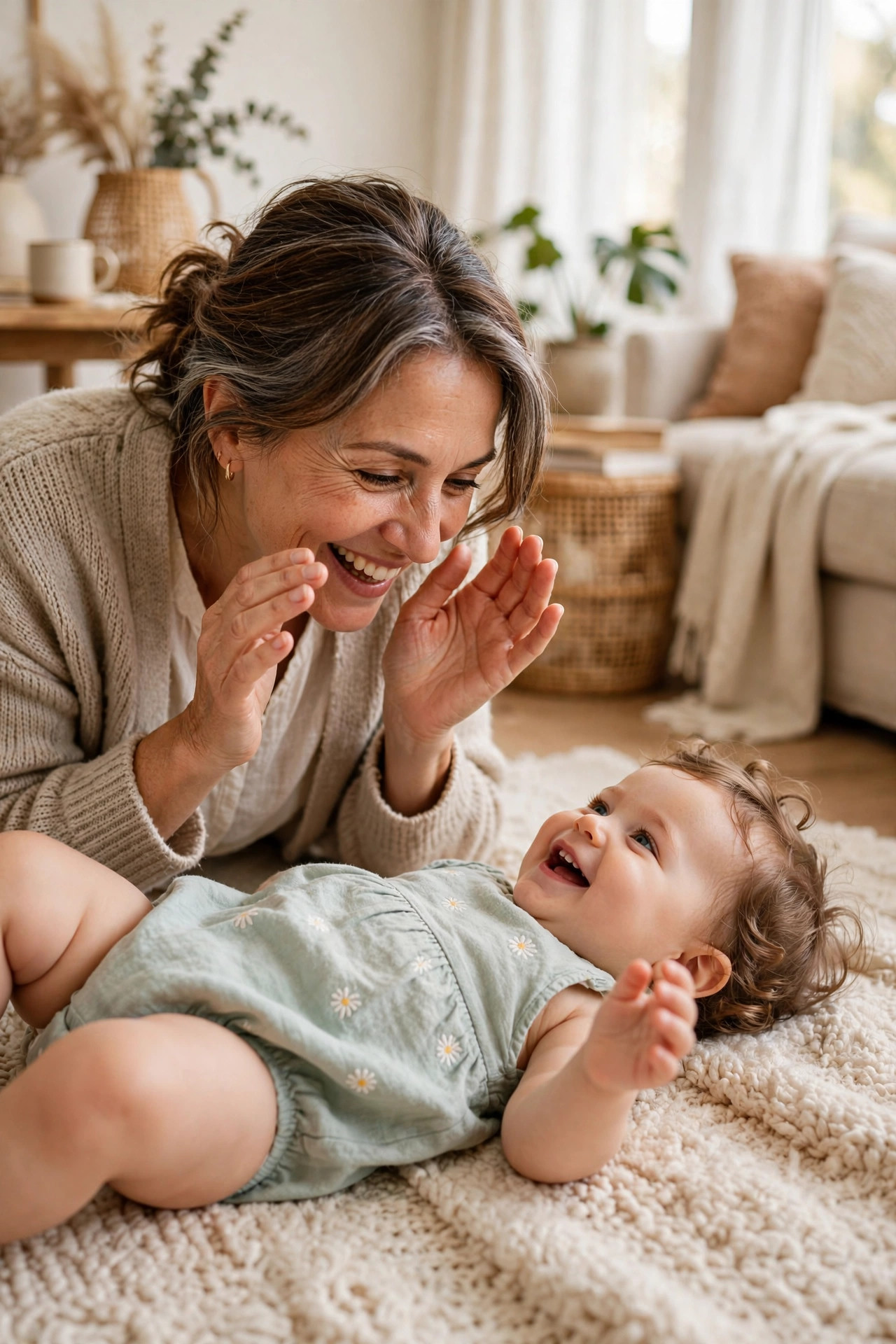Grandmother playing peekaboo with a giggling baby on a soft rug