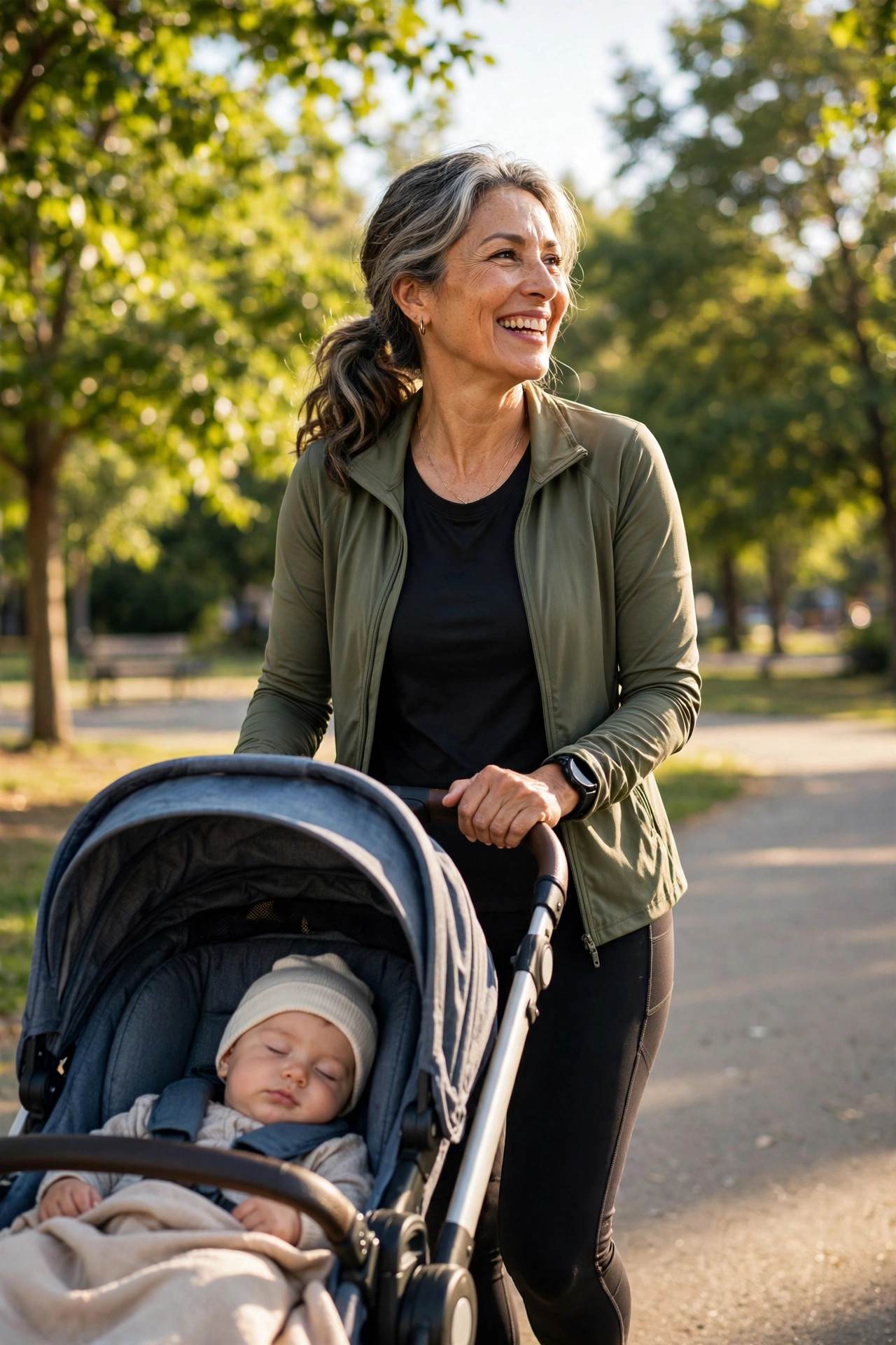 Active grandmother walking with a baby stroller in a sunny park