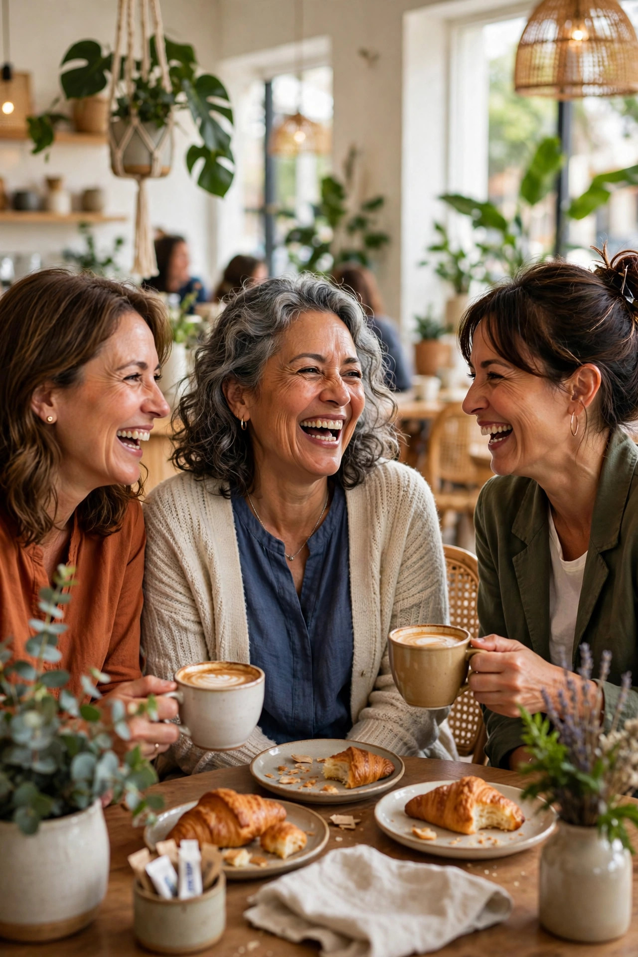 Grandmother laughing with women friends over coffee at a bright cafe
