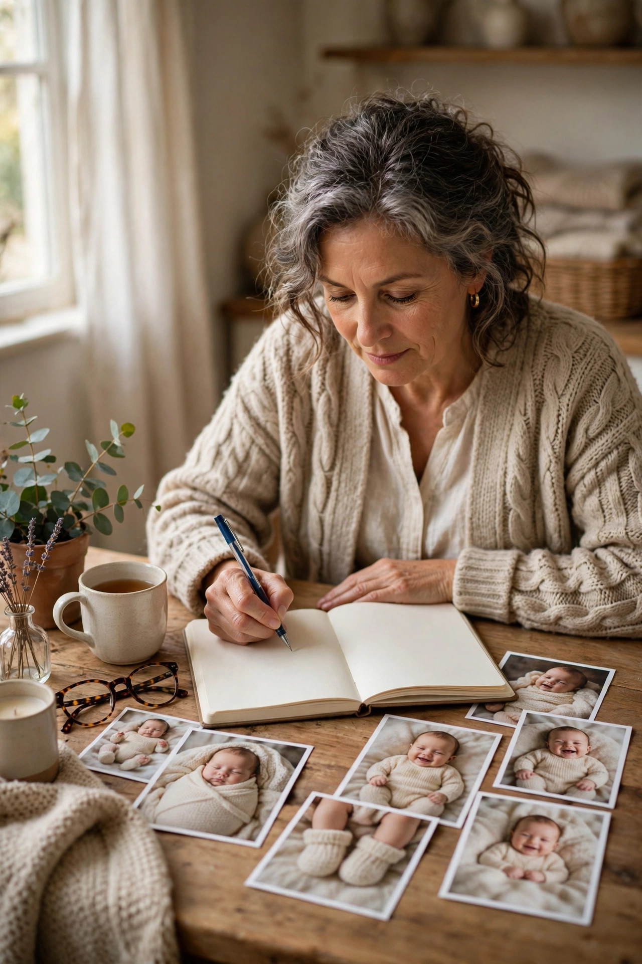 Grandmother writing in a journal with baby photos on a cozy desk
