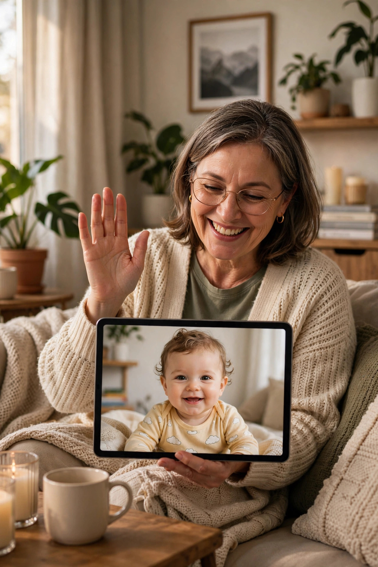 Grandmother waving on a video call with a baby on a tablet screen
