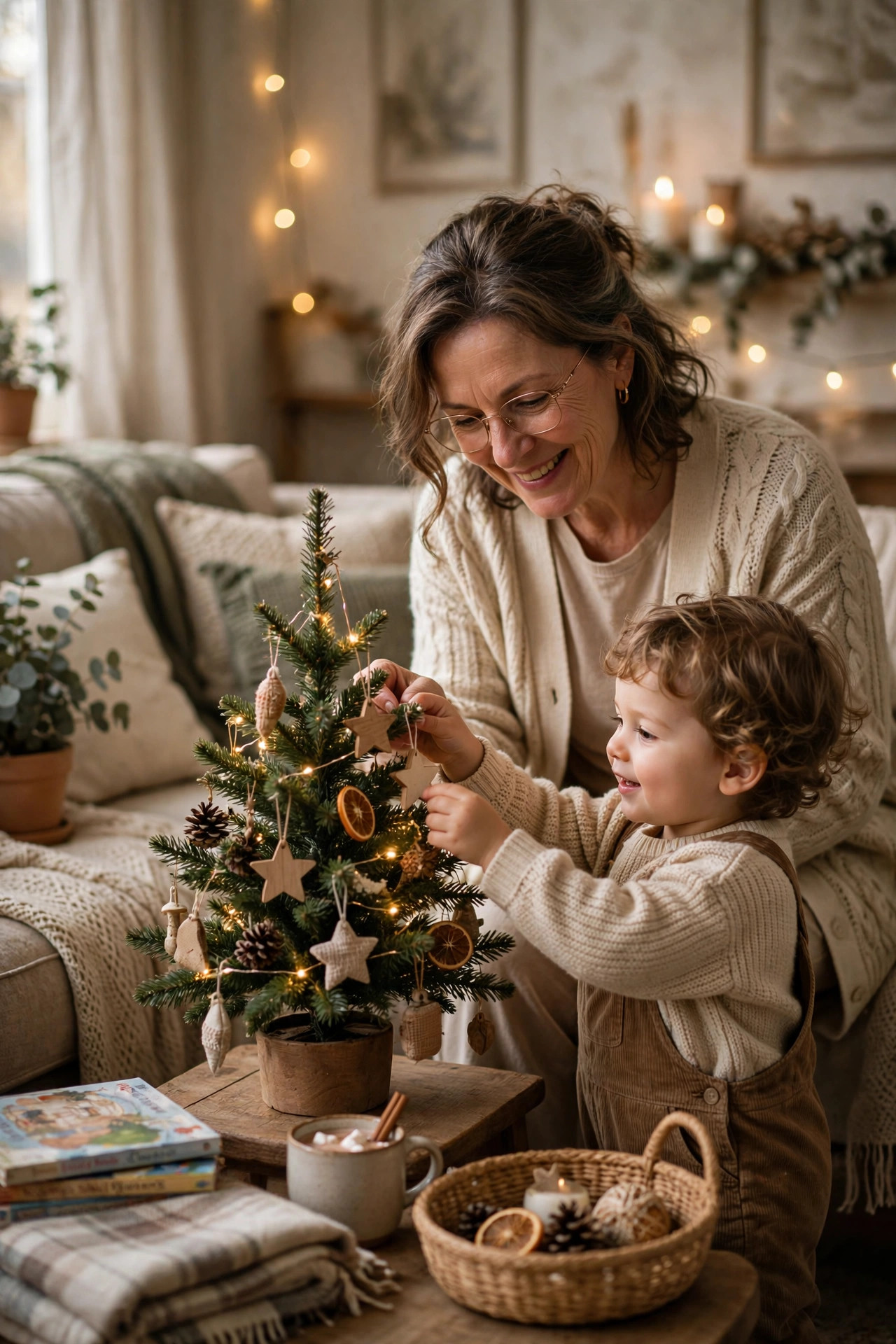 Grandmother decorating a small Christmas tree with a toddler grandchild