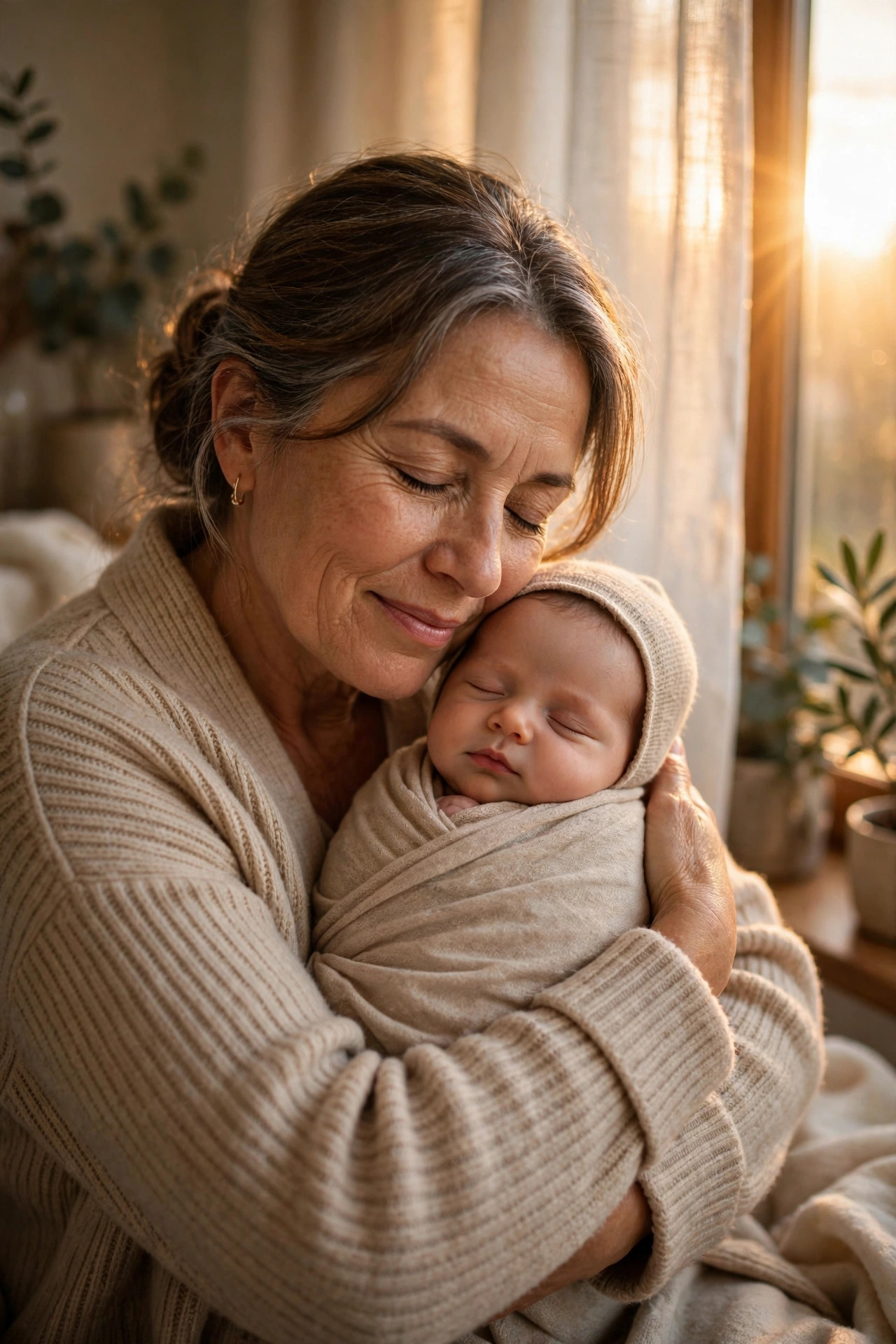 Grandmother holding a newborn baby close in golden window light