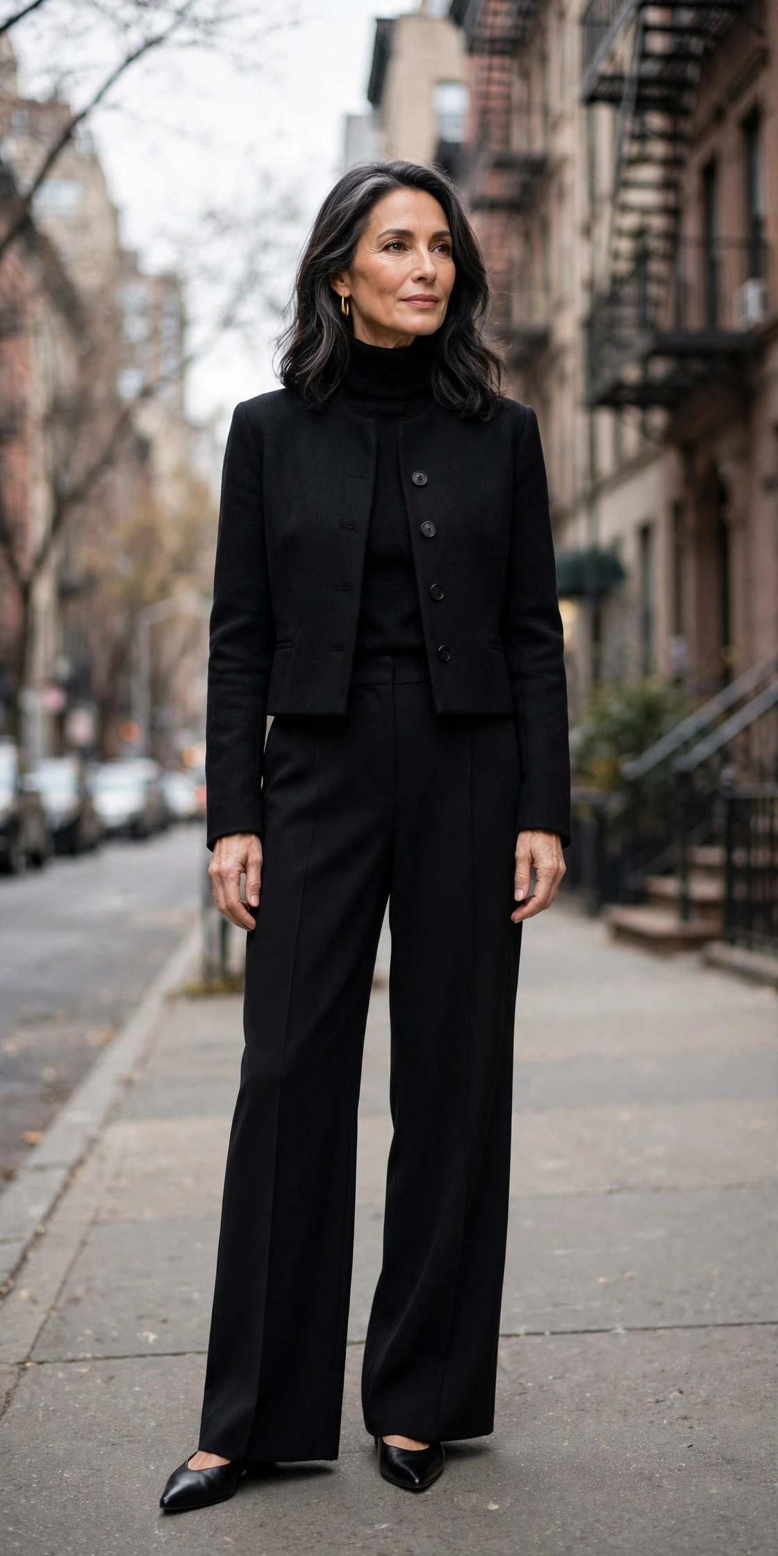 Woman over 50 wearing an all-black turtleneck and wide-leg trousers power outfit in New York