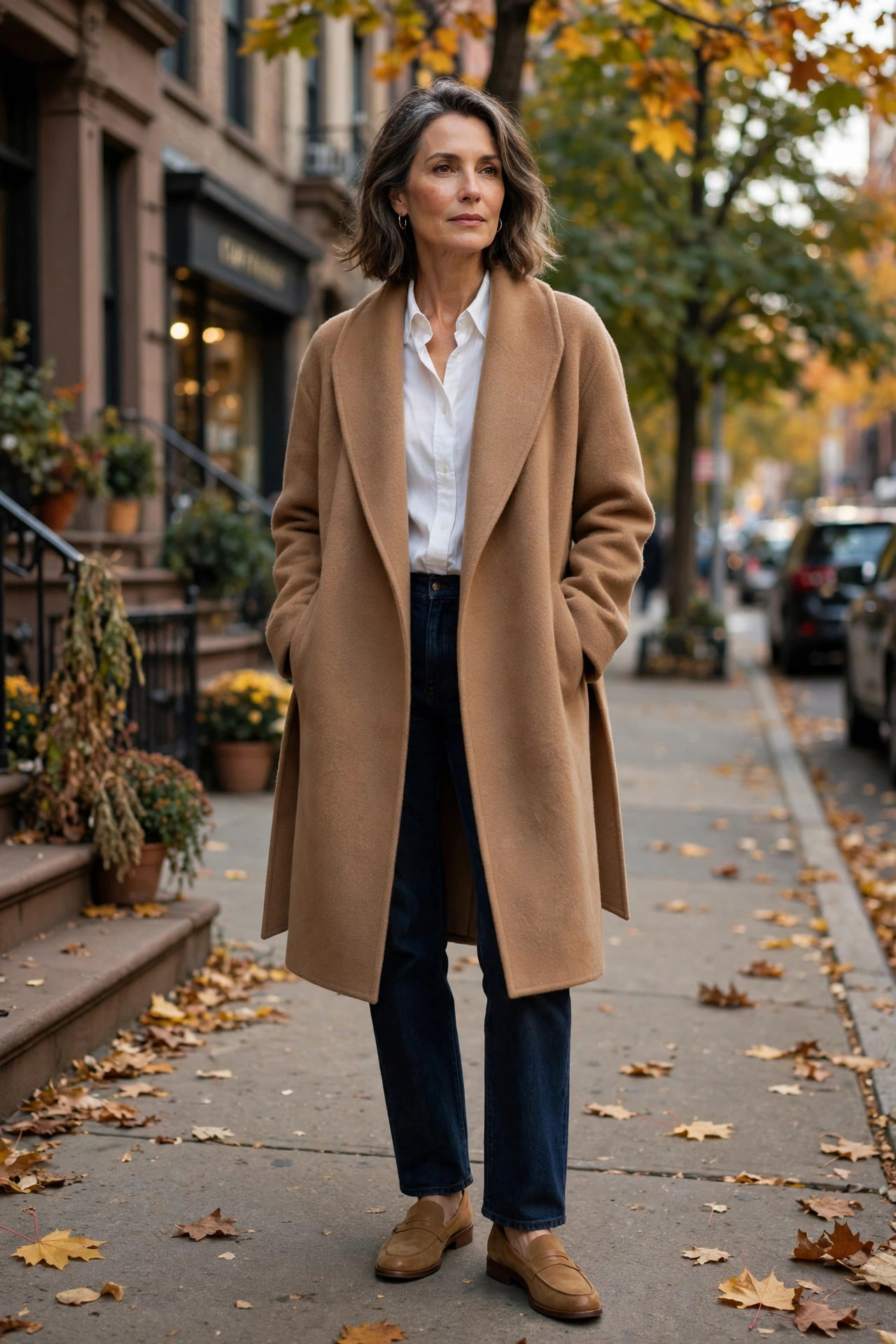 Woman over 50 in a camel wrap coat over white shirt and dark jeans on a New York sidewalk